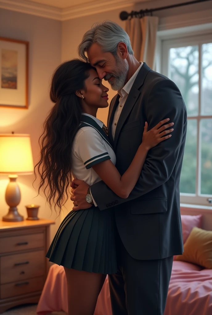 Chica de pelo suelto de color negro con rojo, piel morena ojos cafes, red skirt white shirt with red tie who is hugging a boy with black hair with a small ponytail with dark skin brown eyes and black pants white shirt with red tie,que sean hermanos