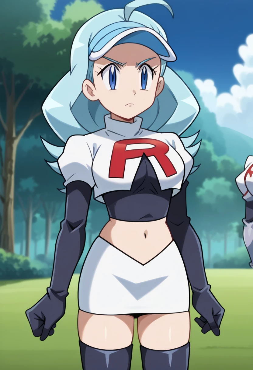 raine sage,very large breast.white hair,8k, masterpiece,highres,very large breast, team rocket uniform, red letter r, white skirt,white crop top,black thigh-high boots, black elbow gloves, seductive smile, looking down at viewer, hands on hips, cowboy shot, zettai ryouiki,from below, black panties,anime style, vivid colors, sharp focus, intense lighting,
