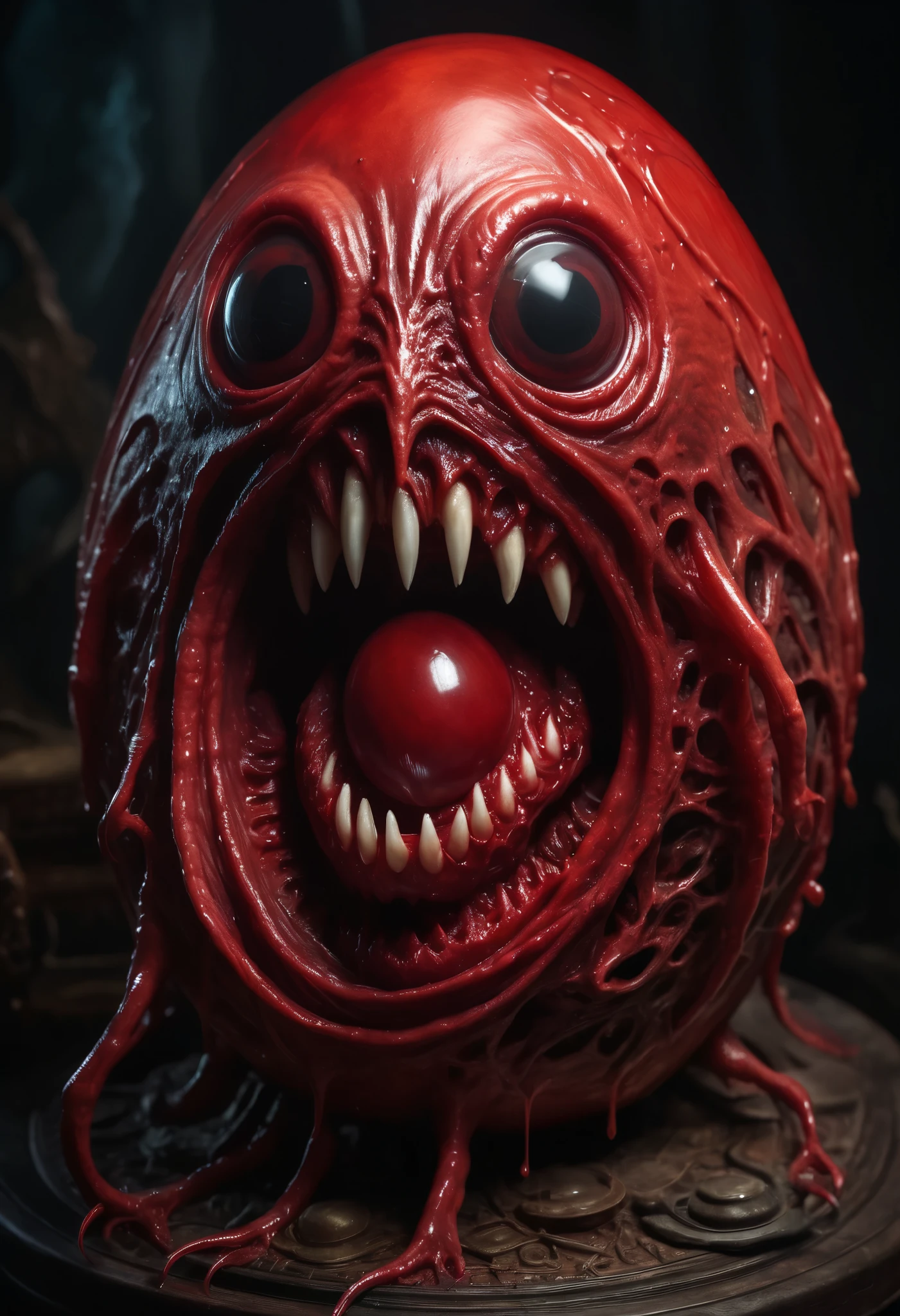 a lovecraftian red egg covered with human facial features, huge screaming mouth, large nose, fearful eyes, photo realistic, morph <lora:FleshmutantXLV4:0.8> eldritch abomination, fleshmutant, crying blood from eyes, glow effects
