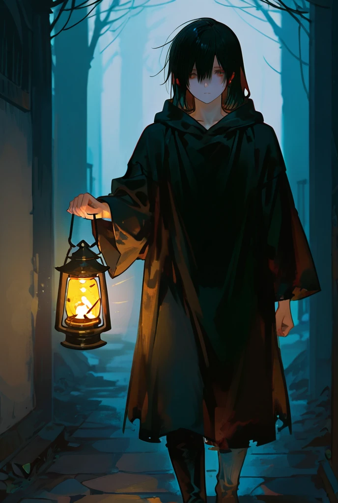 A black-haired boy with dull eyes, wearing a black hooded robe, holding a lantern, was walking into the darkness.