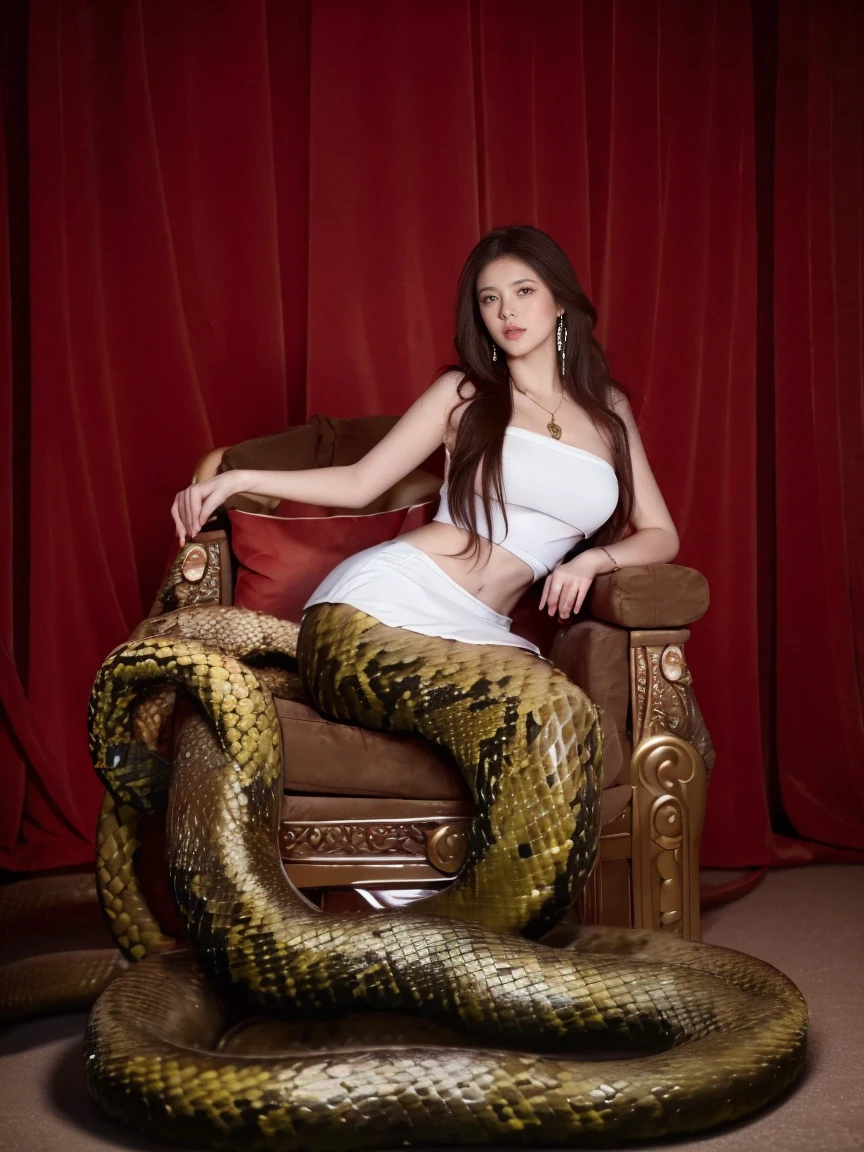 best quality,masterpiece,ultra high resolution,(actual:1.4),original photo,ultra high definition，8K，there is a woman，goddess，fair skin，long hair，white long dress, lamia, naga, medusa, long snake tail，Confident, beautiful and generous, sit on fur throne