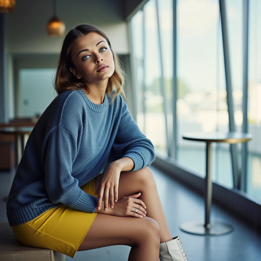 A photo of a 1Ashgirl, sitting in a cafe, huge glass walls, wearing blue knitted sweater, yellow shorts, white boots, 