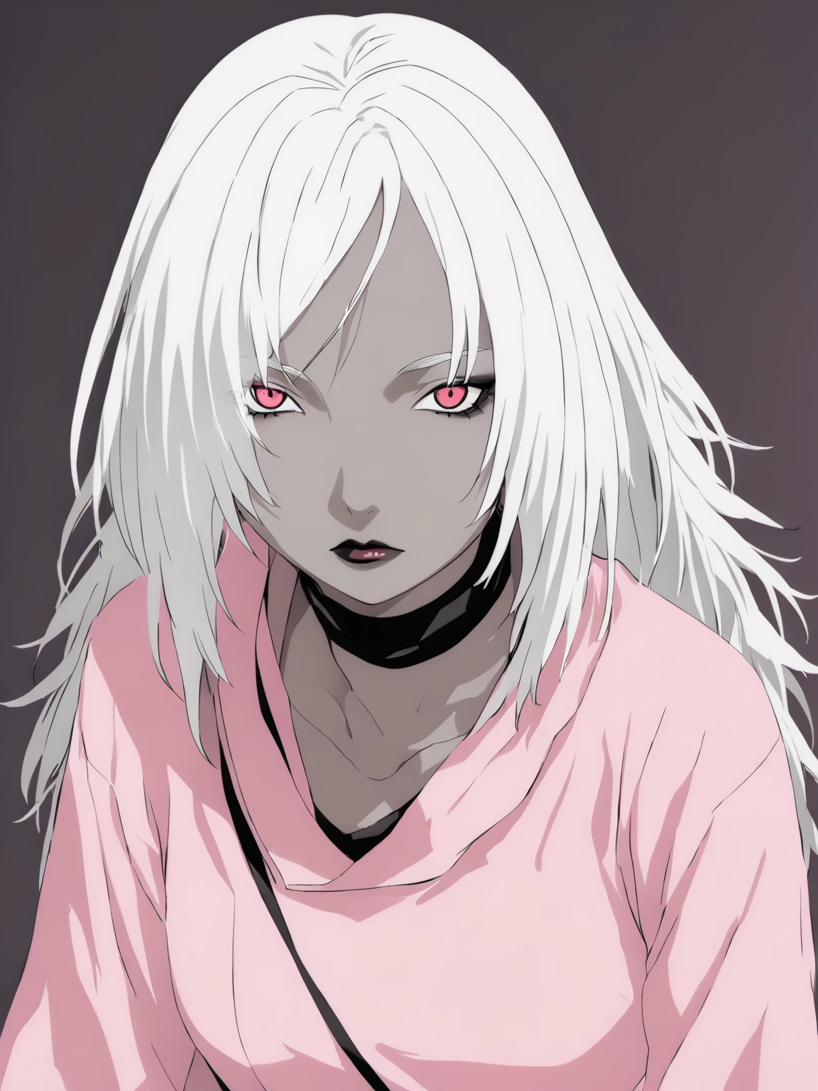 Young woman, dark skin, White hair, dark makeup, black lips, Pink clothes.
