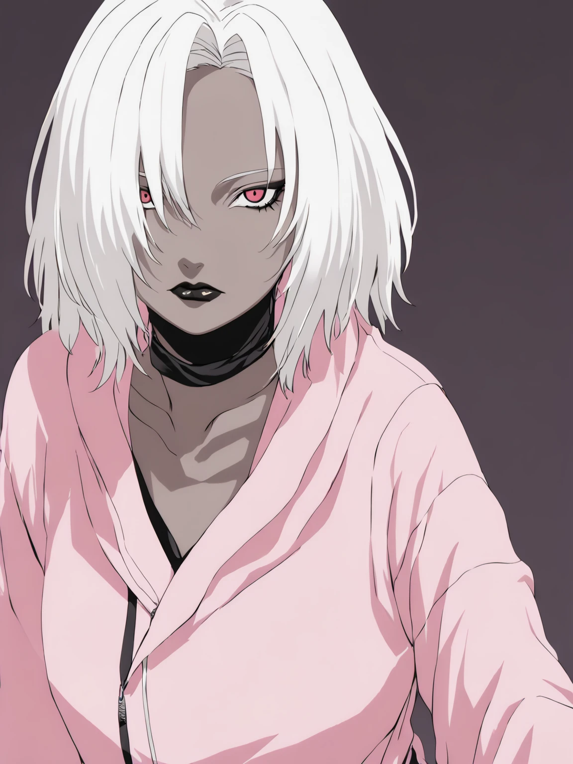 Young woman, dark skin, White hair, dark makeup, black lips, Pink clothes.
