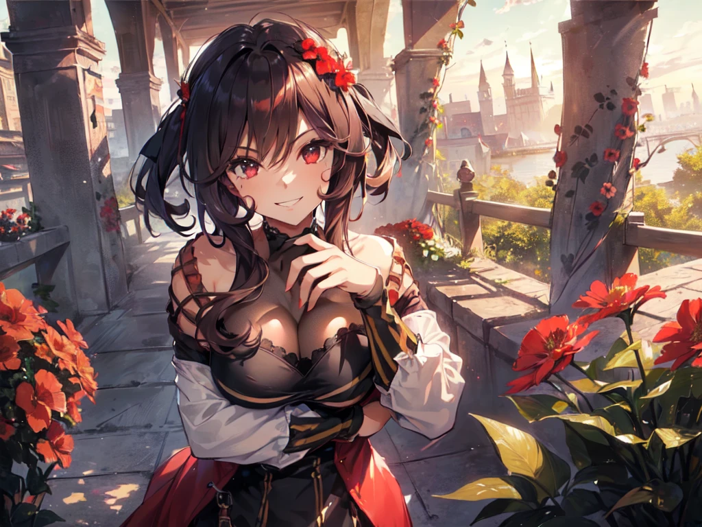 (Solo:2), (1 female:2), (Short fingers, short arms, short legs), (Horse ears), (Large breasts), (Cleavage-emphasizing pose), (Jacket), (Smiling and looking at the camera), (Inside a castle), (Surrounded by red flowers), (Sunset), (Focus on breasts), (Carefully drawn, amazing artwork, top quality, high resolution, 8K, detailed, delicate),