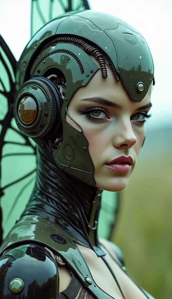 Closeup cyborg girl wearing a moth-like plug suit、Detailed skin、Actual item、grassland、photograph、((Big moth wings))、((Ancient Technology))、((Model pose))、cyber punk、skeleton、Wide-angle lens、nsfw:1.2、A plug suit that emphasizes bondage、Exposed internal machinery、Artistic、delicate