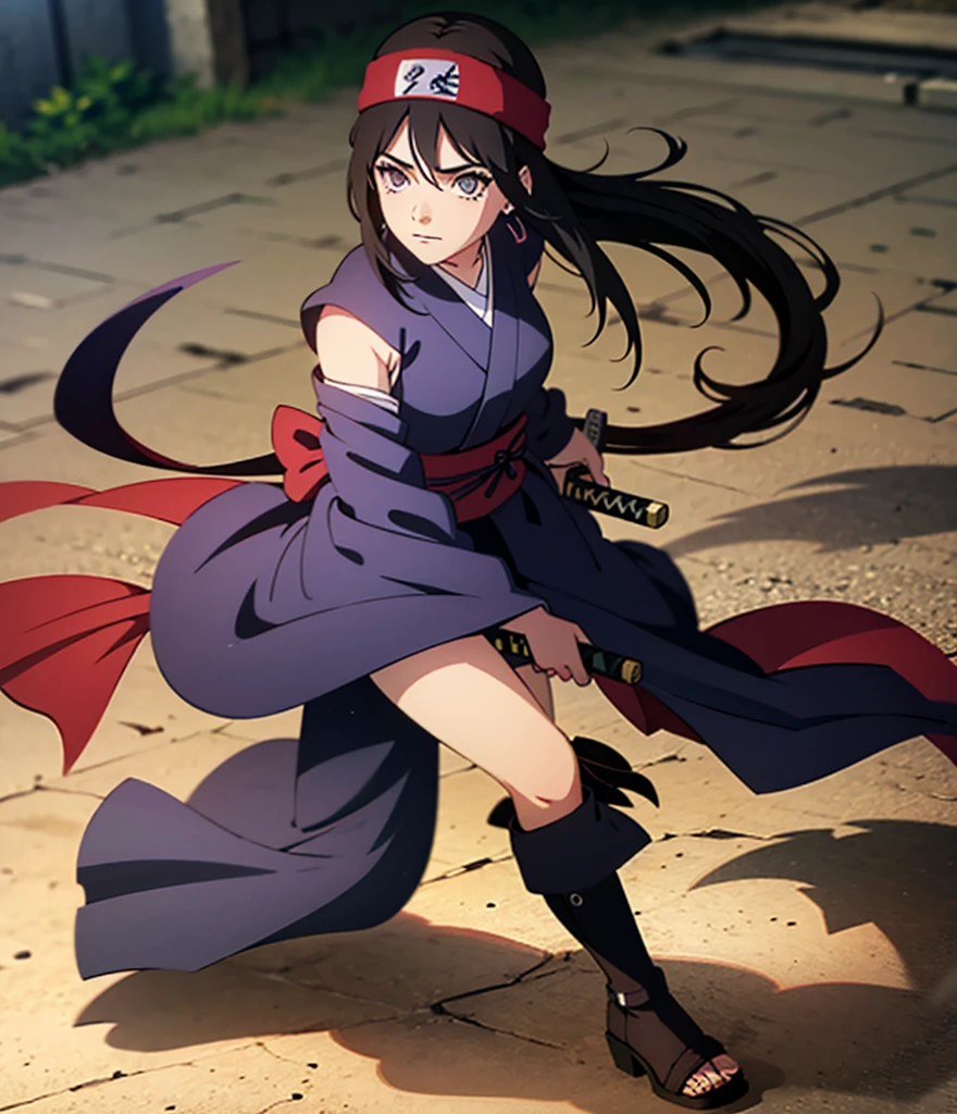  a girl, Alone,  High resolution,  long hair, breasts,  Looking at the viewer,  black hair, Ojos rojos, Cabello entre ojos,  Very long hair,  violet eyes costume,  Headband ,  Hanafuda earrings ,  From the Side , Vistas múltiples,  depth of field ,  from above,  From below,  Lines of movement,  masterpiece,  Precise, Pintura de acción,  The best quality ,  battōujutsu , kimono, Shinobi, ninja boots 