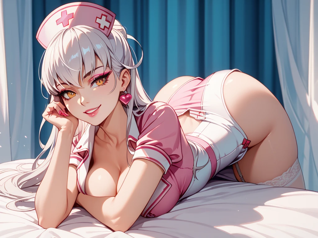 Beautiful African female idol,NSFW,black skin,
,enchanting smile,(sensual:1.5),
thin legs、crawl on all fours、focused on breasts,(excessive cum:1.2),
(shiny pink nurse:1.3),Glossy latex tights,bottomless,high heels,
(Pink Bed 1.5),