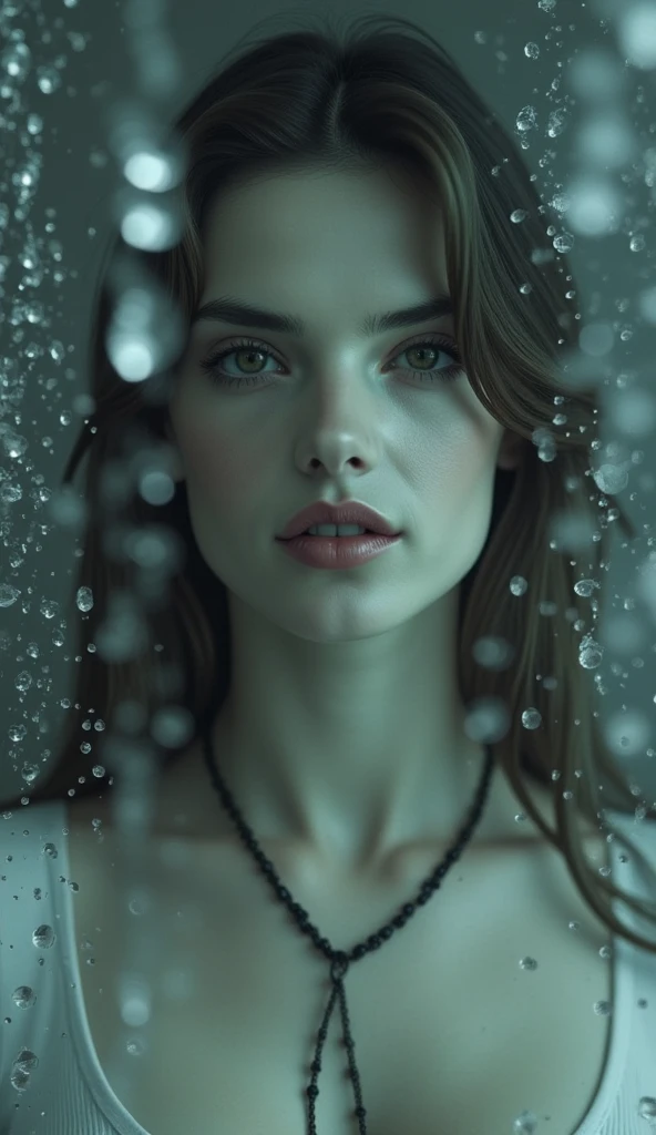 The subject of the image is a blurred and ethereal female face, which emerges softly from a hazy, dreamlike environment. Her facial features are slightly obscured by both motion blur and the presence of a glass surface covered with water droplets. These droplets are the most sharply defined element in the image, forming a tactile, three-dimensional layer in the foreground that contrasts with the soft, diffuse light illuminating the face. Her expression is neutral, with lips slightly parted as if she is on the verge of speaking, yet frozen in time. The face is framed by soft shadows, which give her features depth but avoid harsh contrasts, creating a serene and calm atmosphere. The image is monochromatic, with a wide range of blacks, whites, and grays, evoking a classic, almost vintage aesthetic. The necklace she wears is dark and bold, adding a grounding element to the otherwise soft and ethereal mood. The overall texture of the image is grainy, reminiscent of old photographs, contributing to a sense of nostalgia and loss. The background is abstract and blurred, allowing the viewer to focus entirely on the interplay between the foreground droplets and the subject's delicate features. This composition, with its heavy use of blurring and focus, creates a layered effect that feels intimate yet distant, as if the viewer is looking at a memory or a dream through a foggy window. The style can be described as a blend of "Film Noir Expressionism" and "Surrealist Portraits," invoking a deep sense of mystery, melancholy, and emotional ambiguity, making the image feel both timeless and fleeting, as if it's an ephemeral snapshot from a forgotten moment. 