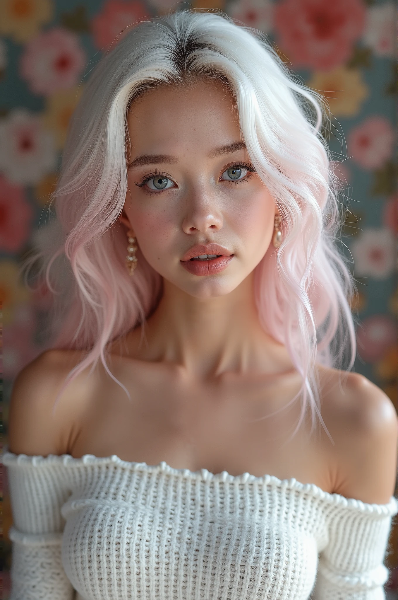 Full body shot, (((darkskin:1.2))) androgen:1.3, ((darkskin:1.2)), (((black hair))), (((full shot))), (((full body shot))), ethereal darkskin beauty,blue piercing eyes,long flowing White hair,darkskin complexion,soft pink lips,sensual behavior,seducing gaze,pose crying expression with subtle tear,pure white dress,Delicate features,striking contrast with the environment,soft natural light,subtle shadows,ethereal atmosphere,swirly vibrant colors,dream scenario,romantic atmosphere,artistic portrait,highly detailed rendering,Photorealistic quality.