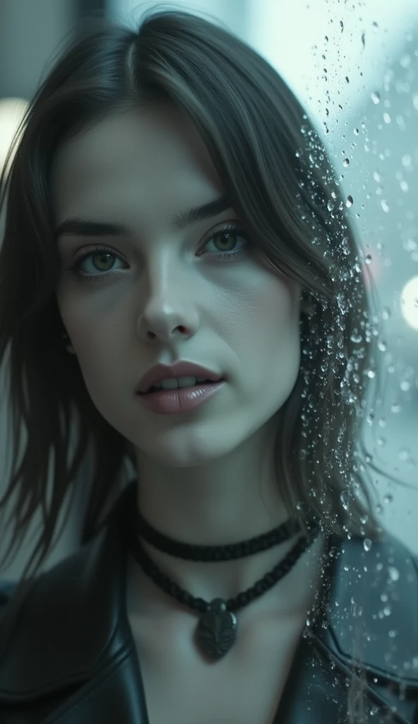 The subject of the image is a blurred and ethereal female face, which emerges softly from a hazy, dreamlike environment. Her facial features are slightly obscured by both motion blur and the presence of a glass surface covered with water droplets. These droplets are the most sharply defined element in the image, forming a tactile, three-dimensional layer in the foreground that contrasts with the soft, diffuse light illuminating the face. Her expression is neutral, with lips slightly parted as if she is on the verge of speaking, yet frozen in time. The face is framed by soft shadows, which give her features depth but avoid harsh contrasts, creating a serene and calm atmosphere. The image is monochromatic, with a wide range of blacks, whites, and grays, evoking a classic, almost vintage aesthetic. The necklace she wears is dark and bold, adding a grounding element to the otherwise soft and ethereal mood. The overall texture of the image is grainy, reminiscent of old photographs, contributing to a sense of nostalgia and loss. The background is abstract and blurred, allowing the viewer to focus entirely on the interplay between the foreground droplets and the subject's delicate features. This composition, with its heavy use of blurring and focus, creates a layered effect that feels intimate yet distant, as if the viewer is looking at a memory or a dream through a foggy window. The style can be described as a blend of "Film Noir Expressionism" and "Surrealist Portraits," invoking a deep sense of mystery, melancholy, and emotional ambiguity, making the image feel both timeless and fleeting, as if it's an ephemeral snapshot from a forgotten moment. 