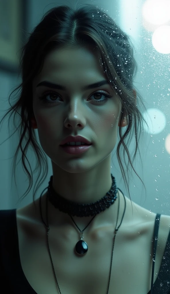 The subject of the image is a blurred and ethereal female face, which emerges softly from a hazy, dreamlike environment. Her facial features are slightly obscured by both motion blur and the presence of a glass surface covered with water droplets. These droplets are the most sharply defined element in the image, forming a tactile, three-dimensional layer in the foreground that contrasts with the soft, diffuse light illuminating the face. Her expression is neutral, with lips slightly parted as if she is on the verge of speaking, yet frozen in time. The face is framed by soft shadows, which give her features depth but avoid harsh contrasts, creating a serene and calm atmosphere. The image is monochromatic, with a wide range of blacks, whites, and grays, evoking a classic, almost vintage aesthetic. The necklace she wears is dark and bold, adding a grounding element to the otherwise soft and ethereal mood. The overall texture of the image is grainy, reminiscent of old photographs, contributing to a sense of nostalgia and loss. The background is abstract and blurred, allowing the viewer to focus entirely on the interplay between the foreground droplets and the subject's delicate features. This composition, with its heavy use of blurring and focus, creates a layered effect that feels intimate yet distant, as if the viewer is looking at a memory or a dream through a foggy window. The style can be described as a blend of "Film Noir Expressionism" and "Surrealist Portraits," invoking a deep sense of mystery, melancholy, and emotional ambiguity, making the image feel both timeless and fleeting, as if it's an ephemeral snapshot from a forgotten moment. 