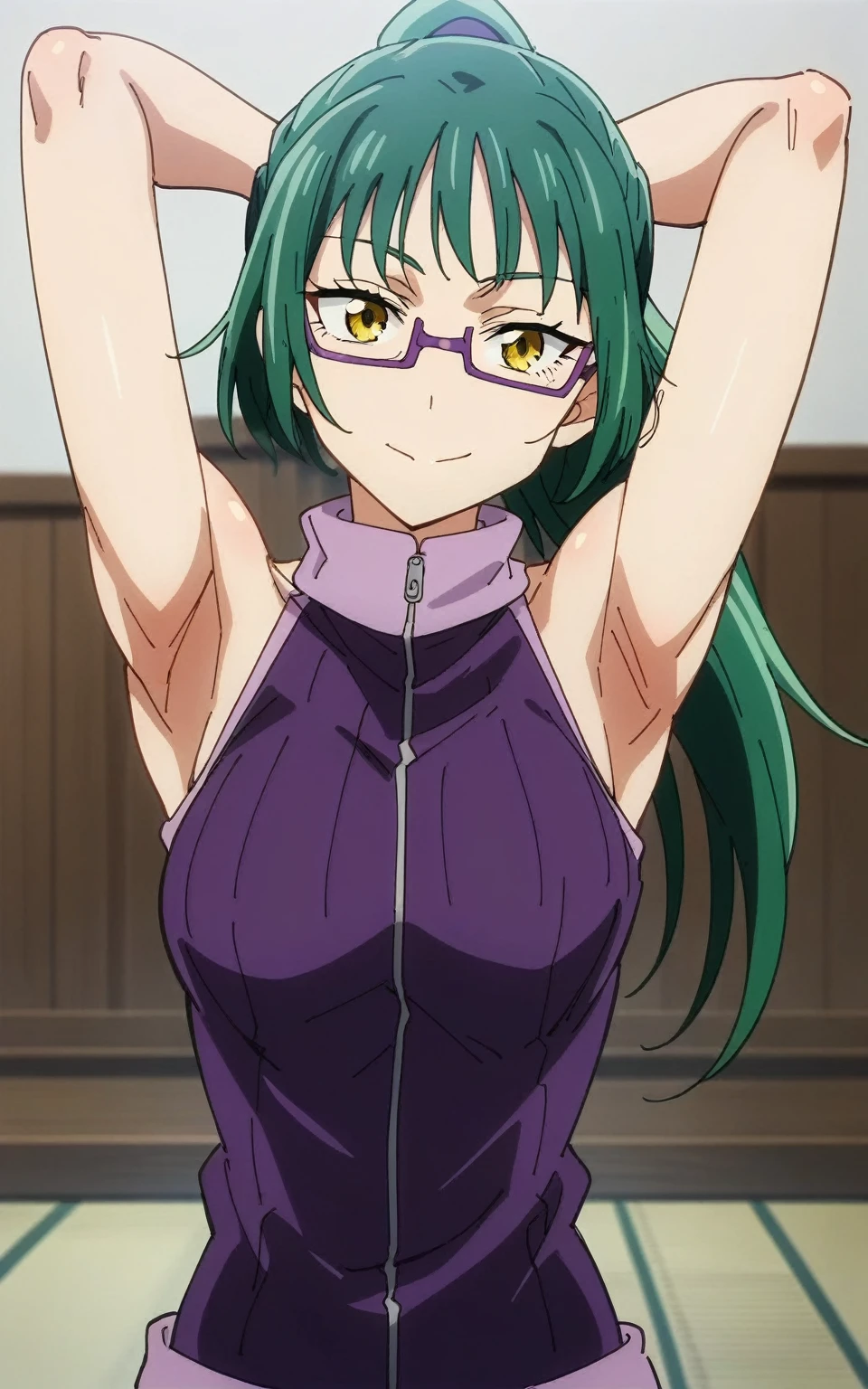 score_9, score_8_up, score_7_up, source_anime, anime screencap, 1girl, solo, Maki Zenin, yellow eyes, green hair, ponytail hair, glasses ,mediun breasts, (ribbed jacket, purple jacket:1.1), sleeveless sweater, turtleneck, arms behind head, armpits, looking at viewer, head towards viewer, smile, badhandv4, indoors, bare shoulders, bare arms, closed mouth 