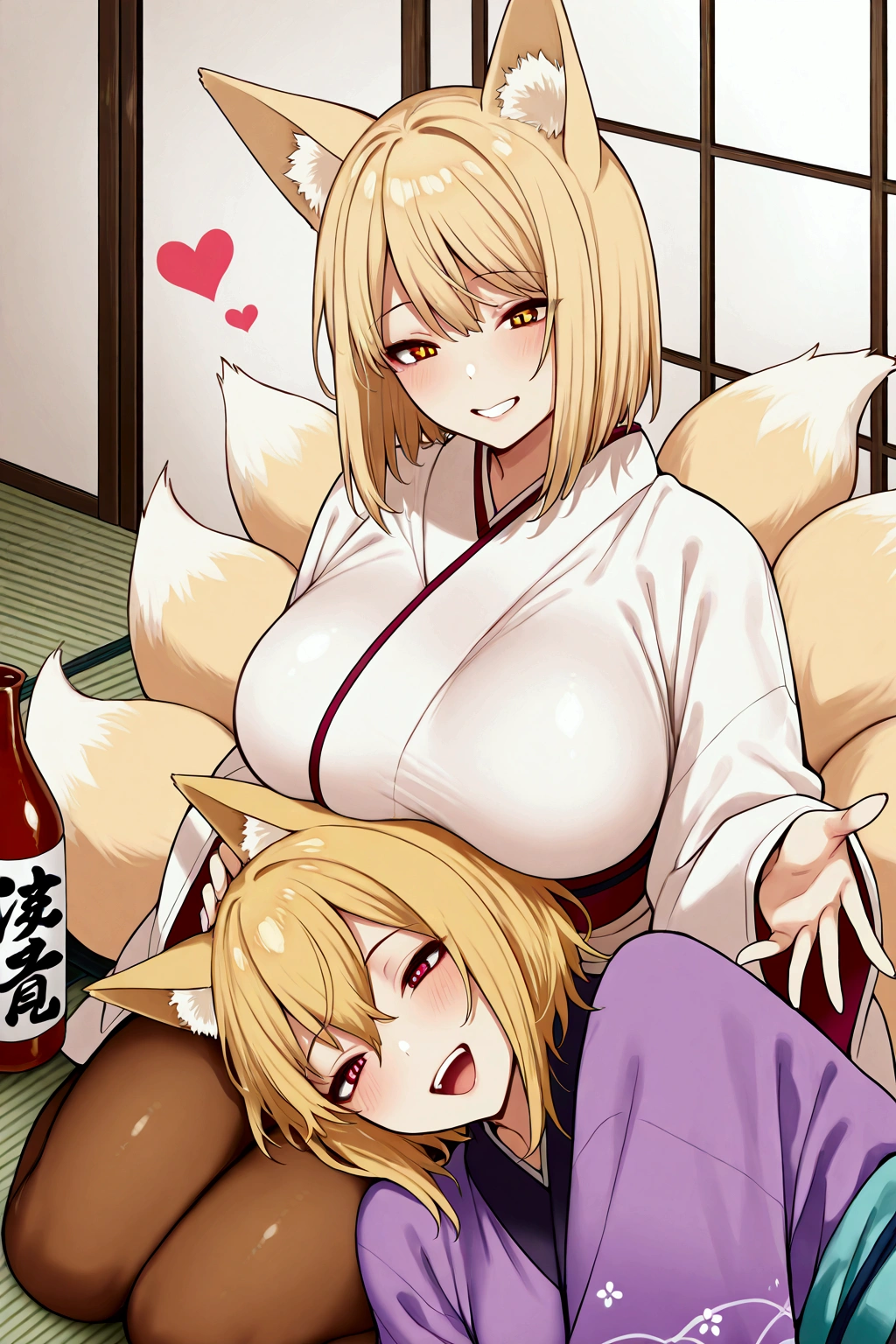 lap pillow lora, Solo, girl, kitsune woman, ara ara, mother vives, large breast, Fox ears, Blonde hair, kimono Open, warm smile, loving eyes, nine Blonde Fox tails,sitting, Open arms, red vine color eyes,saggy breast, japanese tradicional room, tatami, perfect tights, cleverage, heart, score 9, másterpiece,perfect scene, femenine, sake bottle, Open mouth, teeth, high Quality, hd