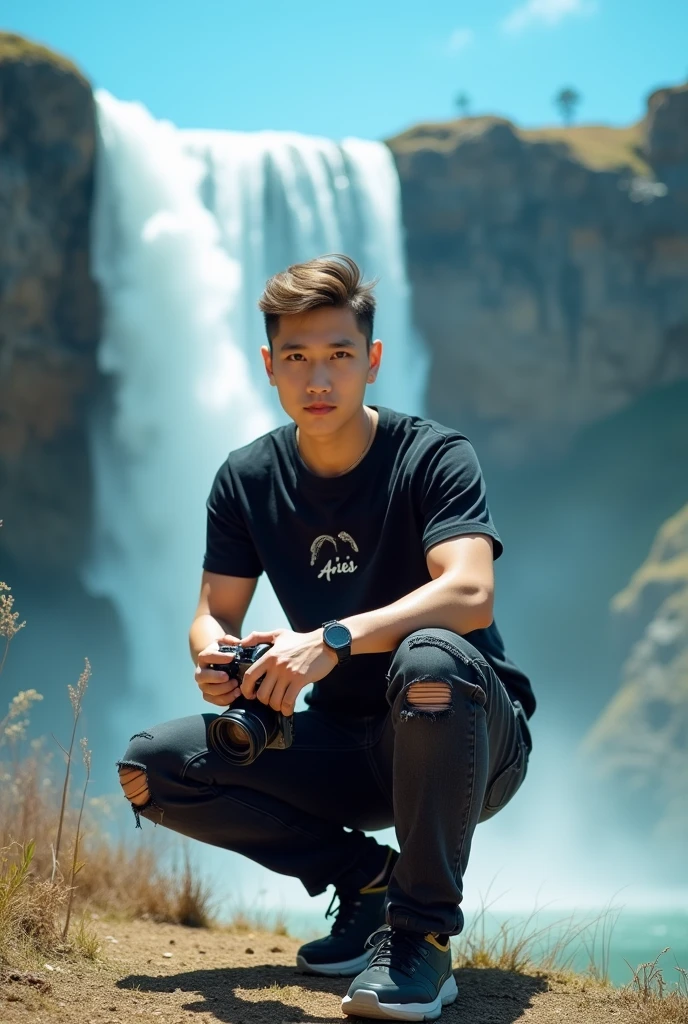 A stunning realist 7K UHD photo of an Indonesian young man, showcasing a clean face and a charming smile. He is dressed in a black and cream varsity jacket, black jeans, and white shoes, with neatly cropped hair. He leans casually against a shady tree, framing the captivating background of a serene waterfall and lush green nature. The overall atmosphere of the photo exudes a sense of ease and tranquility.