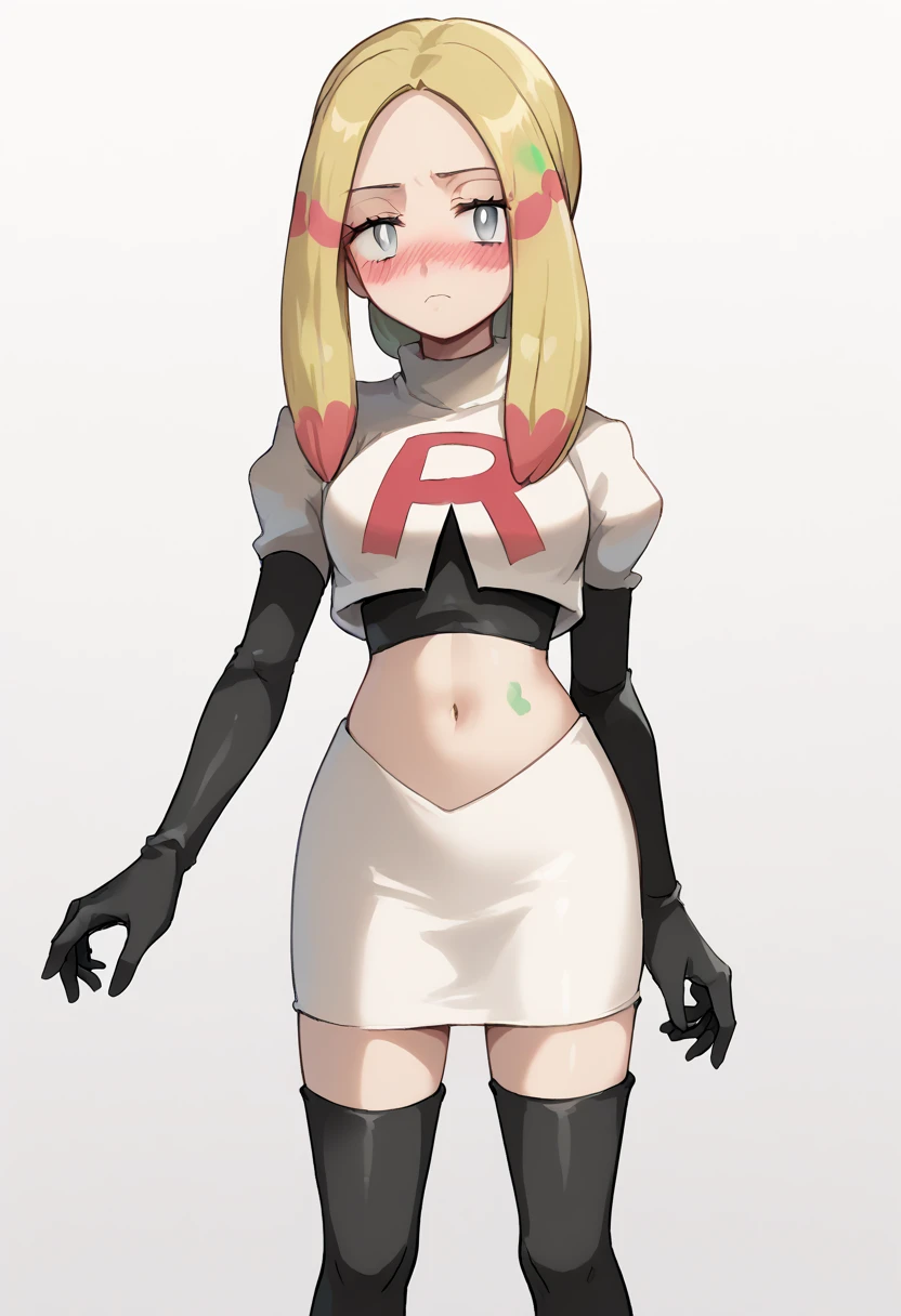 score_9,score_8_up,score_7_up,score_6_up,rating_explicit,source_anime BREAK
1girl, mina (pokemon), blonde hair, long hair, facepaint, multicolored_hair, grey eyes, eyelashes, parted bangs, medium breasts, white pupils, low ponytail, sidelocks
blush, oversized shirt, paint, bodypaint, team rocket,team rocket uniform,white skirt,red letter R,crop top,black thigh-highs,black elbow gloves
