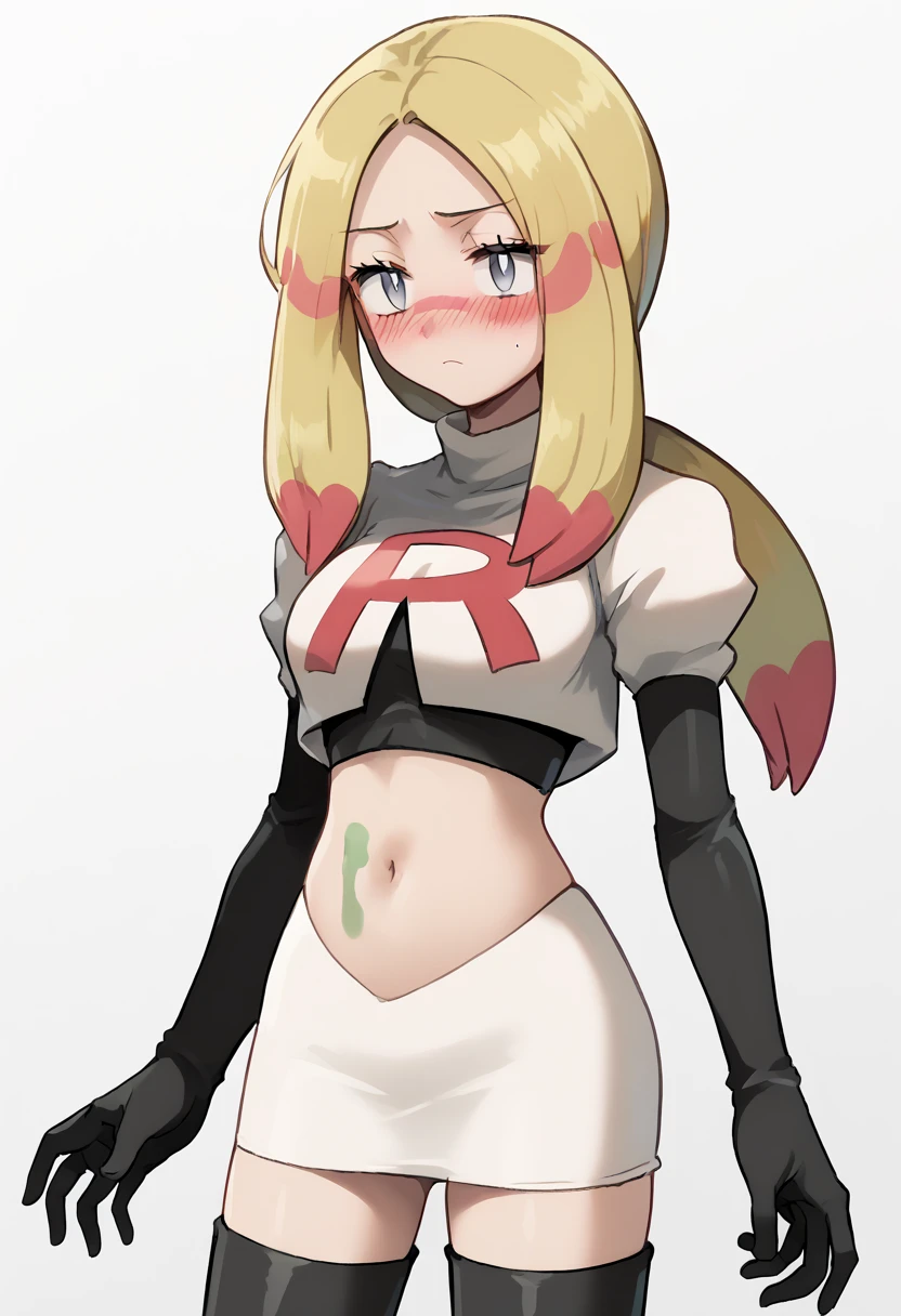 score_9,score_8_up,score_7_up,score_6_up,rating_explicit,source_anime BREAK
1girl, mina (pokemon), blonde hair, long hair, facepaint, multicolored_hair, grey eyes, eyelashes, parted bangs, medium breasts, white pupils, low ponytail, sidelocks
blush, oversized shirt, paint, bodypaint, team rocket,team rocket uniform,white skirt,red letter R,crop top,black thigh-highs,black elbow gloves
