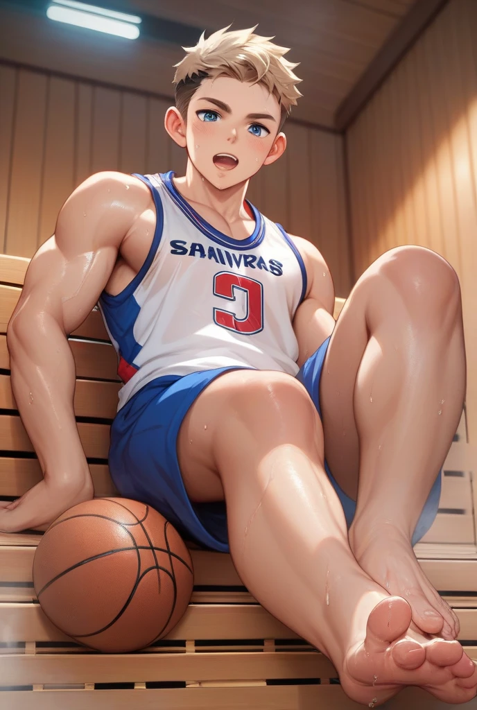 Boy, CG sense, bodybuilding sexy, thong, big bag, wearing white basketball socks, half reclining