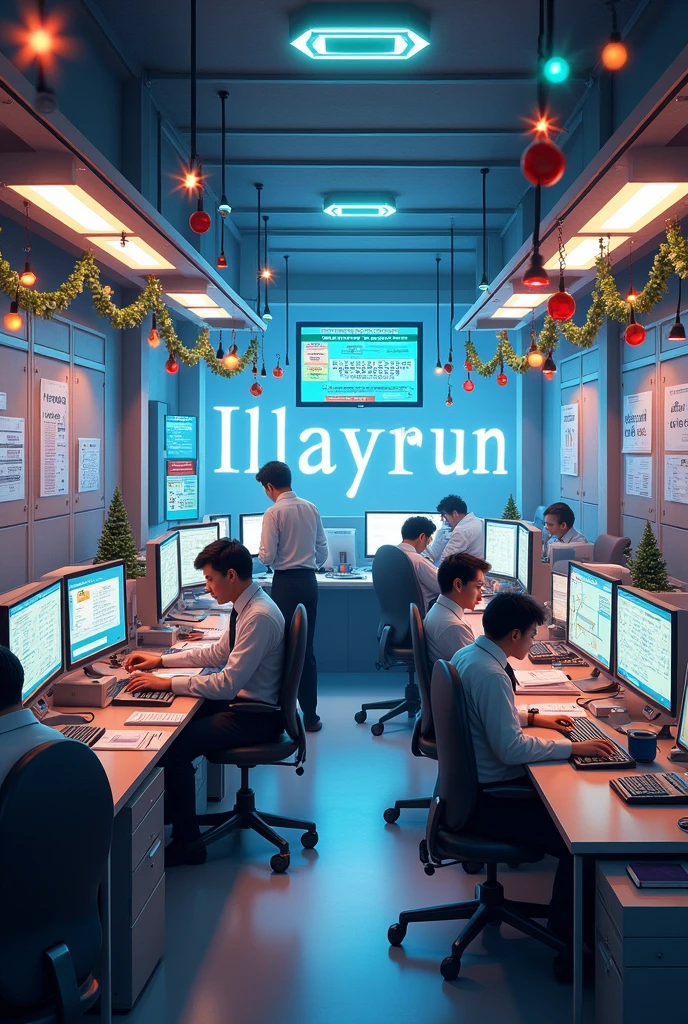 Create a bus transport systems office , in the background of the office with the name Illayrun and Christmas decoration