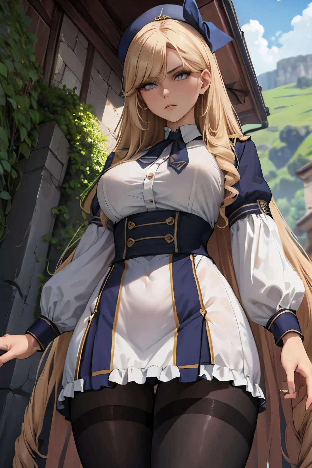 ((fat legs)), ((jambes grasses)), ((perfect eyes)), (finely detailed eyes and detailed face:1.3), (extremely fine and beautiful:1.1), (Perfect details:1.1), (Rose Oriana), ((dark grey glossy pantyhose)), ((outdoor cliff)), neck ribbon, blue ribbon, skindentation, shirt tucked in, high heel, standing, swaying roseoriana-hairstyle, drill hair, outfit-roseoriana uniform, mature female, cowboy shot, view from below