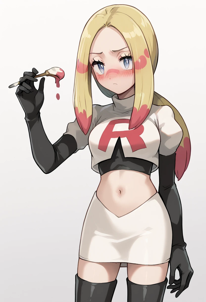 score_9,score_8_up,score_7_up,score_6_up,rating_explicit,source_anime BREAK
1girl, mina (pokemon), blonde hair, long hair, facepaint, multicolored_hair, grey eyes, eyelashes, parted bangs, medium breasts, white pupils, low ponytail, sidelocks
blush, oversized shirt, paint, bodypaint, team rocket,team rocket uniform,white skirt,red letter R,crop top,black thigh-highs,black elbow gloves
