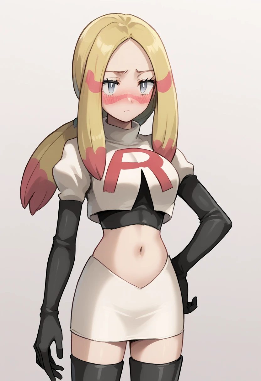 score_9,score_8_up,score_7_up,score_6_up,rating_explicit,source_anime BREAK
1girl, mina (pokemon), blonde hair, long hair, facepaint, multicolored_hair, grey eyes, eyelashes, parted bangs, medium breasts, white pupils, low ponytail, sidelocks
blush, oversized shirt, paint, bodypaint, team rocket,team rocket uniform,white skirt,red letter R,crop top,black thigh-highs,black elbow gloves
