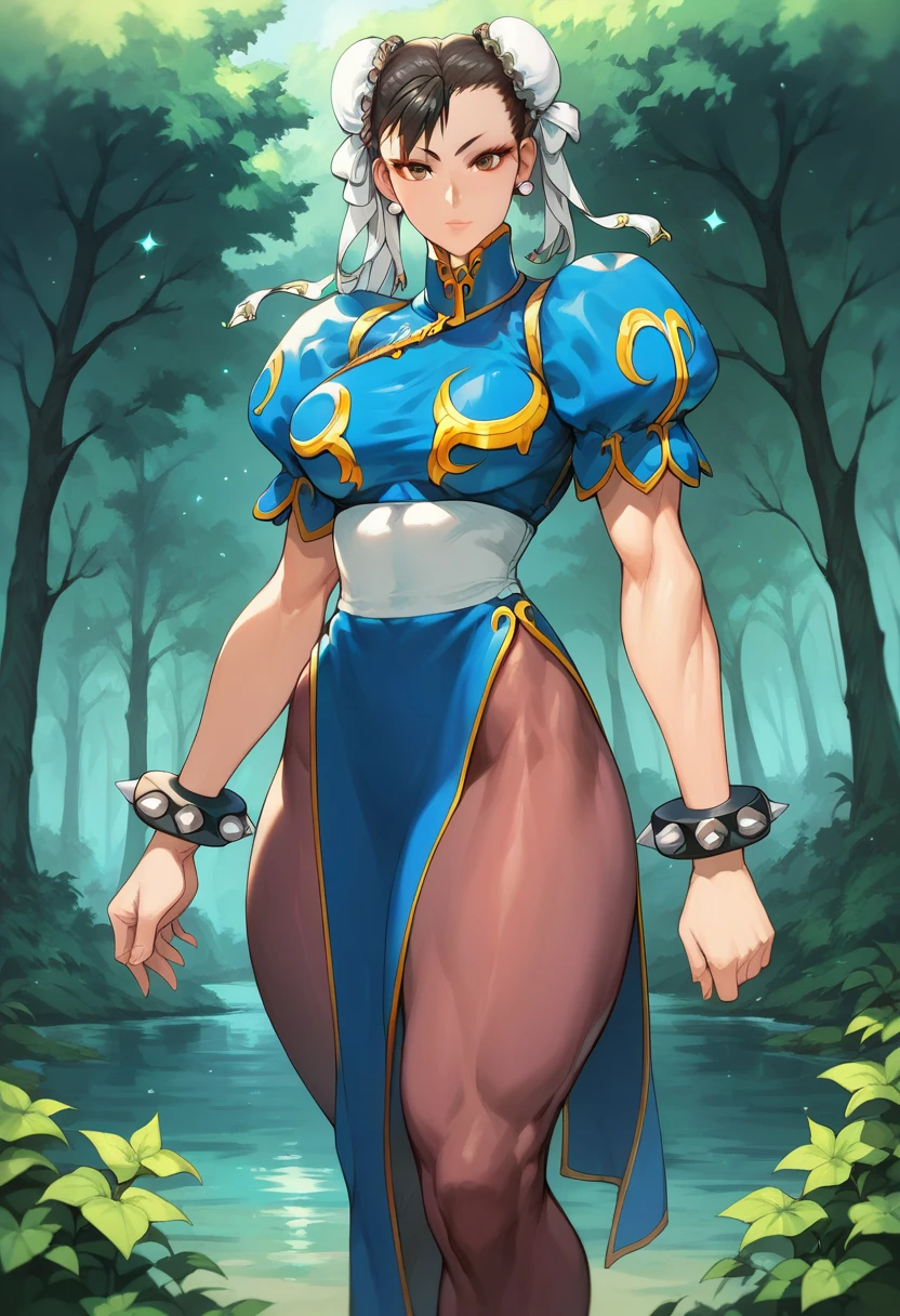 Chun-li,beautiful young woman in a classic blue uniform,  thick thighs , beautiful sexy thighs,a little muscular,  hair tied , black tights,  forest,night starry sky, standing alone.Alone,