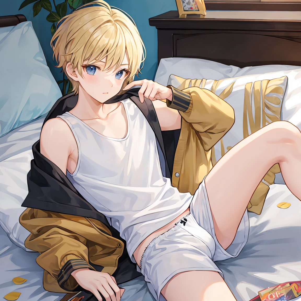 The blond wizard man  (Short Hair)  sits naked in white boxer shorts on his brothel bed、隣には紺色のShort Hairの王子がいます