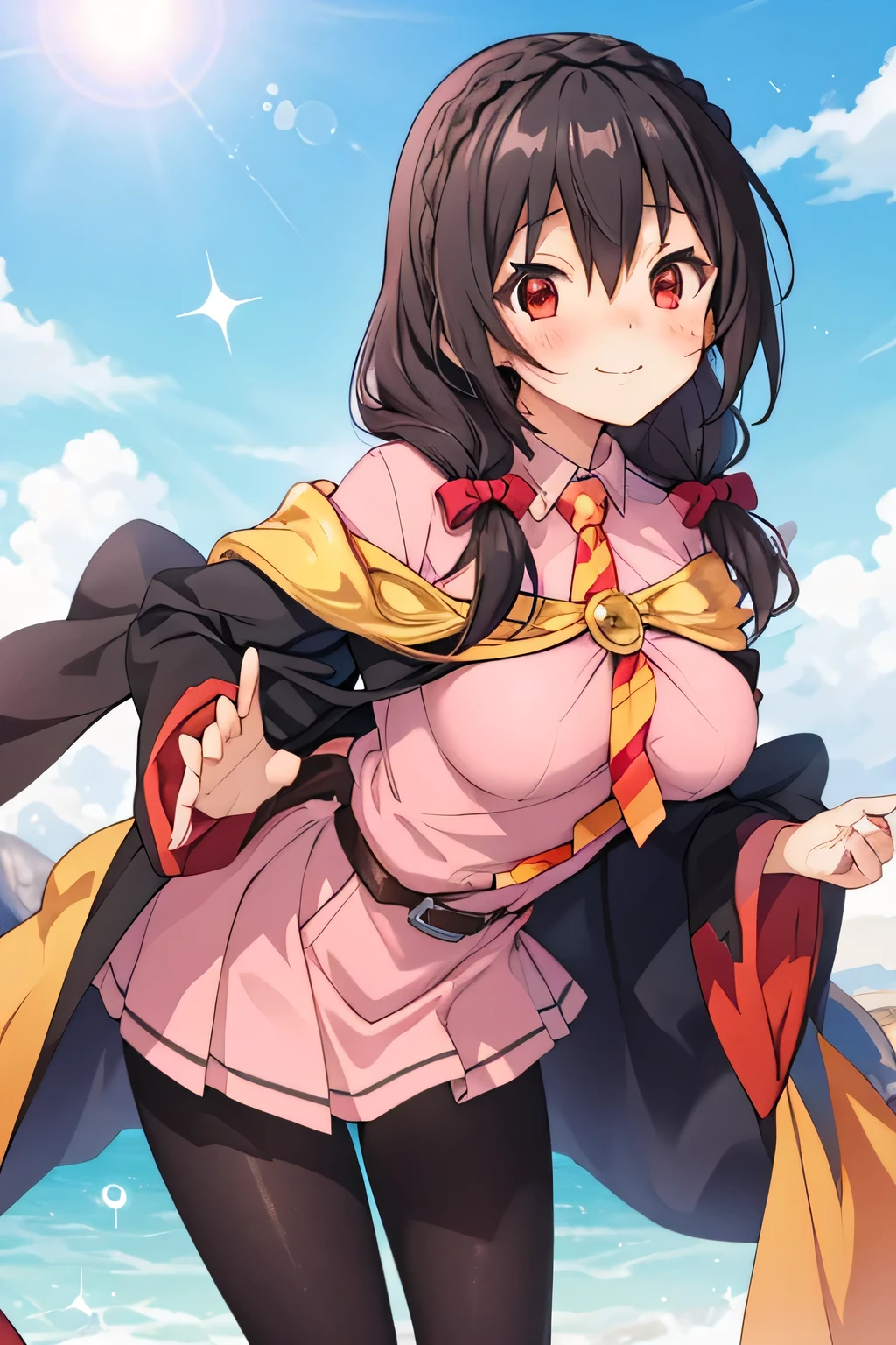 (masterpiece,  top quality ),  One girl ,    Yunyun, red eyes、 long hair, braided , twin tails, hair between eyebrows,hair bow, hair accessory as Kamui , Big Breasts ,(Cape:1.2), ties, shirt,pink  shirt, Long Sleeve ,belt, pink skirt, pantyhose、 embarrassed smile、blush、blue sky、Light in the eyes 、(Sparkling eyes)、 Focus on the Face 、Leaning forward