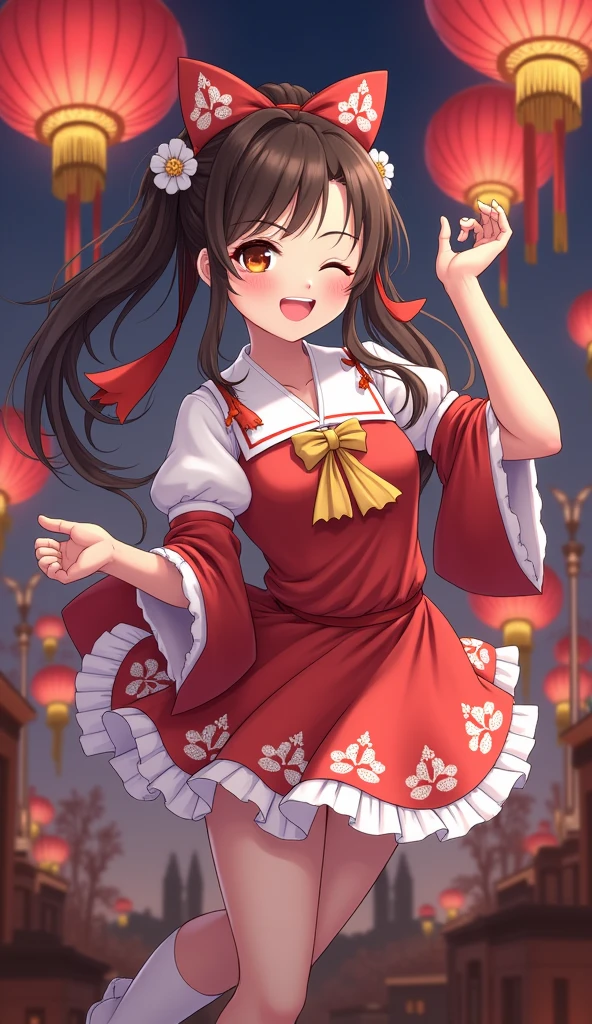 (masterpiece、Highest quality、Highest quality、Official Art、Beautiful and beautiful:1.2)、(One girl:1.3)Hatsune Miku、Twin tails,Beautiful breasts,(Highest quality,4K,8k,High resolution,masterpiece:1.2),((Hair Bun)),Red Chinese Dress,Traditional Chinese martial arts poses,pretty girl,Exquisite and detailed facial features,Long eyelashes,Beautiful attention to detail,Beautiful lip detail,Elegant smiling girl,Chinese garden background,Soft lighting,traditional chinese architecture,Subtle colors,Beautifully drawn illustrations,Artistic interpretation, Eye-catching accessories,Hair accessories to enhance your hairstyle,Delicate and graceful movements,Flowing Chinese dress fabric,Chinese Fan,Graceful posture,The charm of beauty,Harmonious composition, High Contrast, Clean Lines, Digital Painting, Vibrant colors