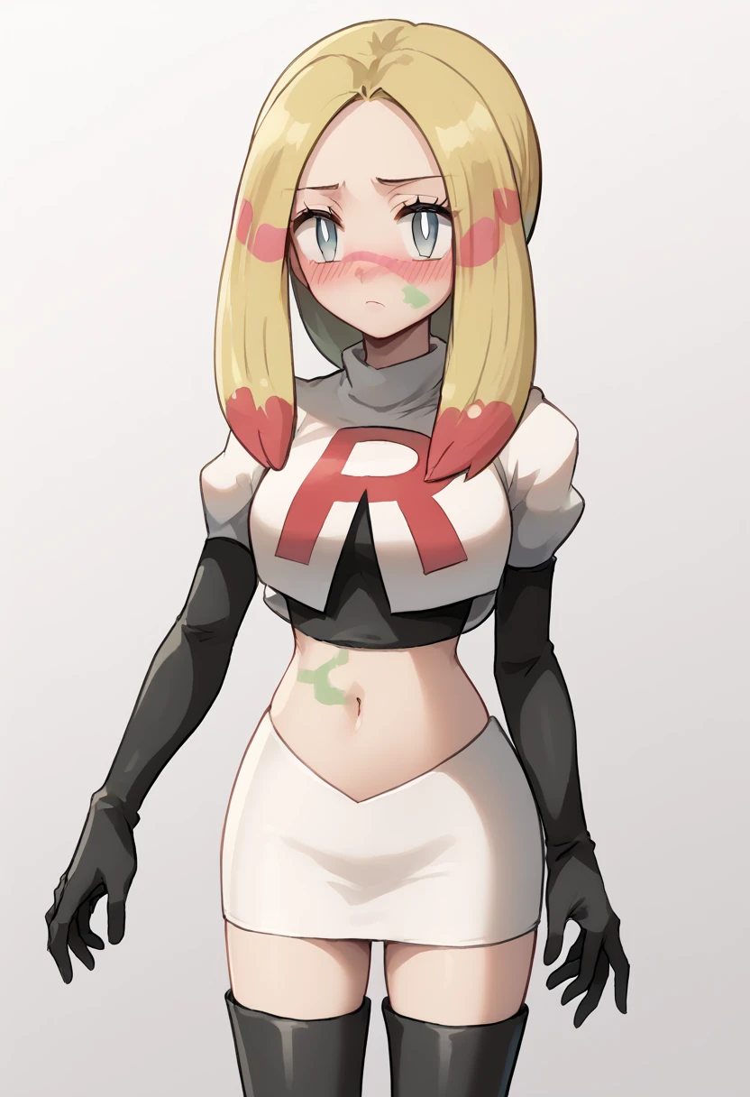 score_9,score_8_up,score_7_up,score_6_up,rating_explicit,source_anime BREAK
1girl, mina (pokemon), blonde hair, long hair, facepaint, multicolored_hair, grey eyes, eyelashes, parted bangs, medium breasts, white pupils, low ponytail, sidelocks
blush, oversized shirt, paint, bodypaint, team rocket,team rocket uniform,white skirt,red letter R,crop top,black thigh-highs,black elbow gloves
