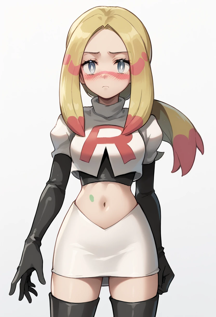 score_9,score_8_up,score_7_up,score_6_up,rating_explicit,source_anime BREAK
1girl, mina (pokemon), blonde hair, long hair, facepaint, multicolored_hair, grey eyes, eyelashes, parted bangs, medium breasts, white pupils, low ponytail, sidelocks
blush, oversized shirt, paint, bodypaint, team rocket,team rocket uniform,white skirt,red letter R,crop top,black thigh-highs,black elbow gloves
