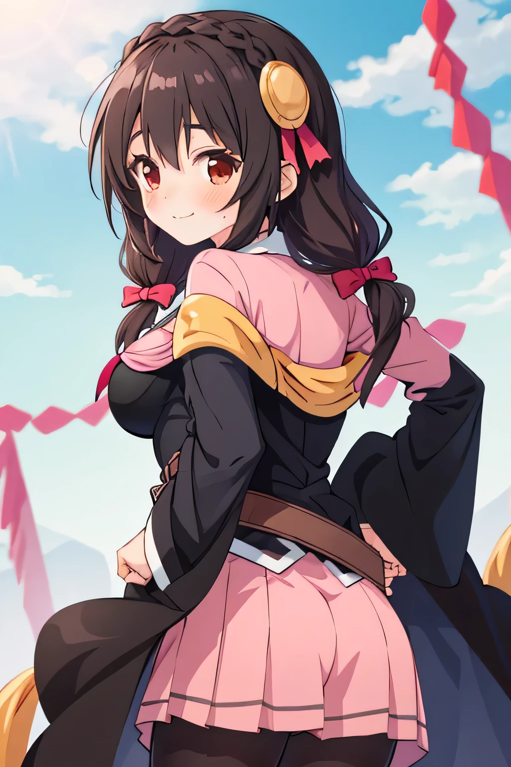 (masterpiece,  top quality ),  One girl ,    Yunyun, long hair, braided , twin tails, hair between eyebrows,hair bow, hair accessory as Kamui , Big Breasts ,(Cape:1.2), ties, shirt,pink  shirt, Long Sleeve ,belt, pink skirt, pantyhose, loafers without pants,Brown footwear、 embarrassed smile、blush、blue sky、 look back 