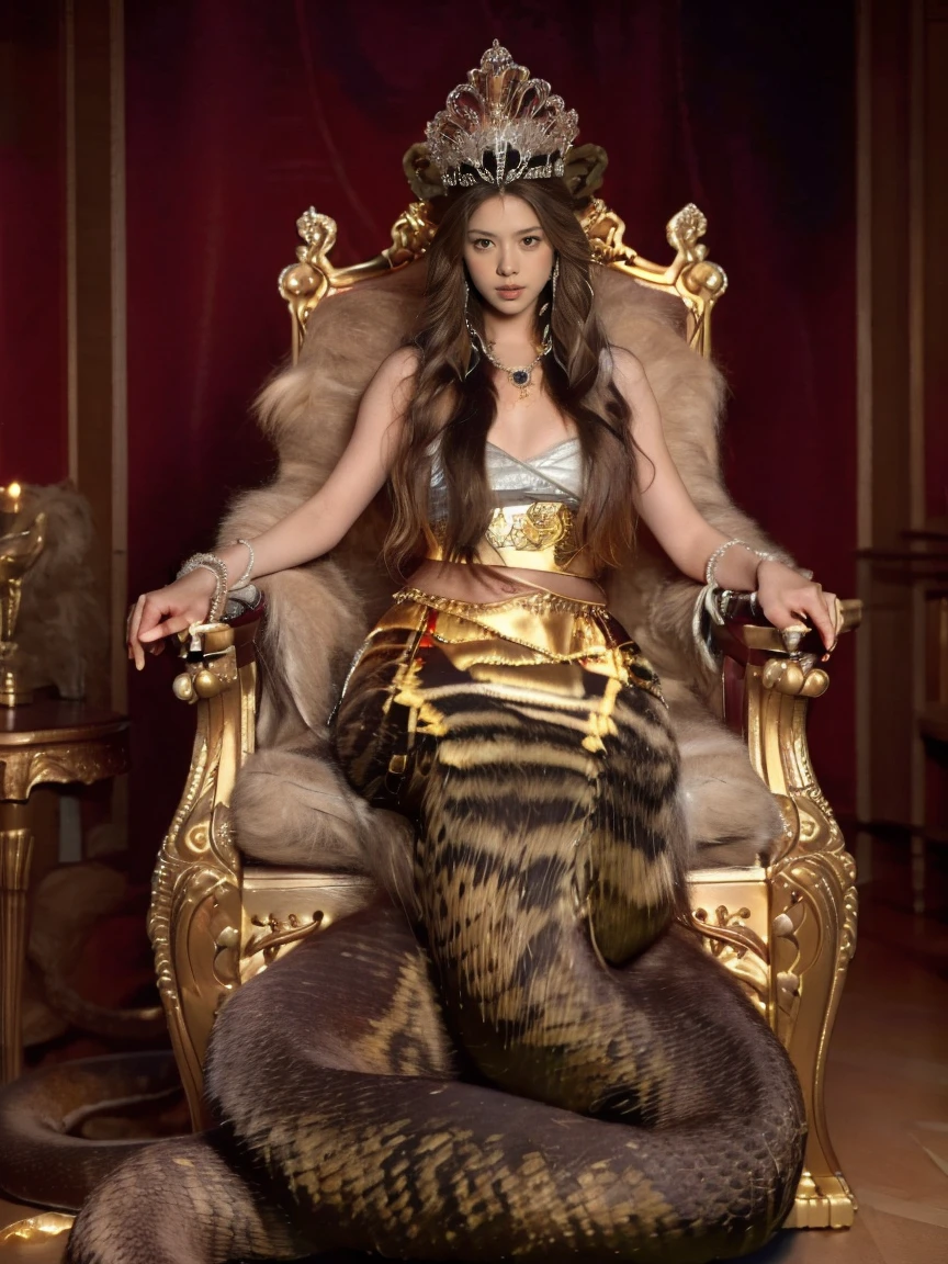 best quality,masterpiece,ultra high resolution,(actual:1.4),original photo,ultra high definition，8K，there is a woman，goddess，fair skin，wear fur tiara crown, a fur stole, long hair，golden long dress, lamia, naga, medusa, long snake tail，Confident, beautiful and generous, sit on fur throne