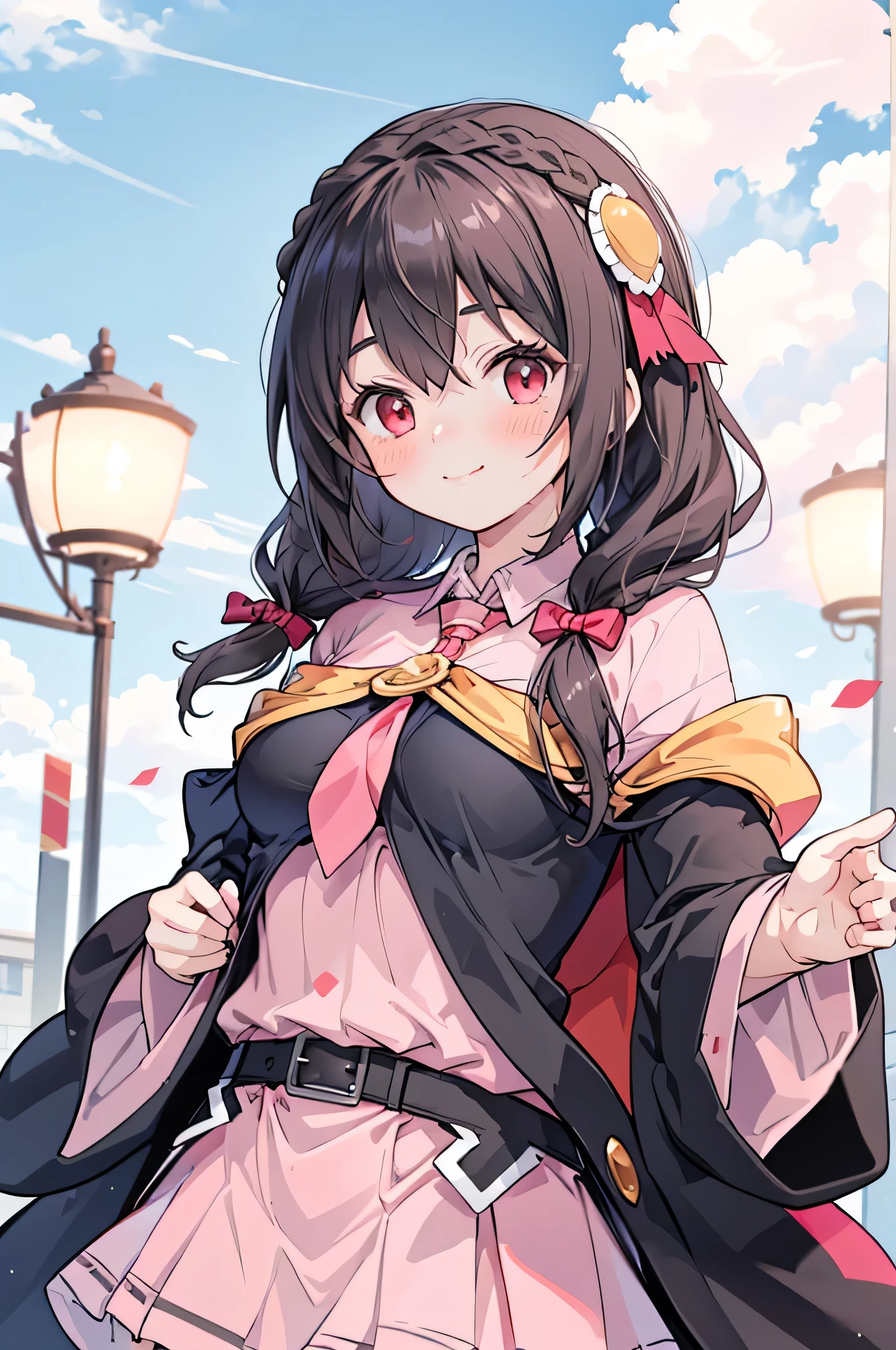 (masterpiece,  top quality ),  One girl ,    Yunyun, long hair, braided , twin tails, hair between eyebrows,hair bow, hair accessory as Kamui , Big Breasts ,(Cape:1.2), ties, shirt,pink  shirt, Long Sleeve ,belt, pink skirt, embarrassed smile、blue sky、 I can see my upper body