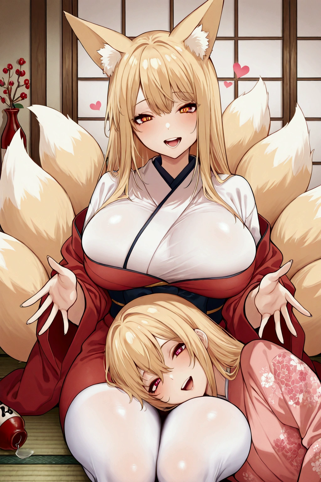 lap pillow and ear picking LoRA, Solo, girl, kitsune woman, ara ara, mother vives, large breast, Fox ears,long Blonde hair, kimono Open, warm smile, loving eyes, nine Blonde Fox tails,sitting, Open arms, red vine color eyes,saggy breast, japanese tradicional room, tatami, perfect tights, cleverage, heart, score 9, másterpiece,perfect scene, femenine, sake bottle, Open mouth, teeth, high Quality, hd