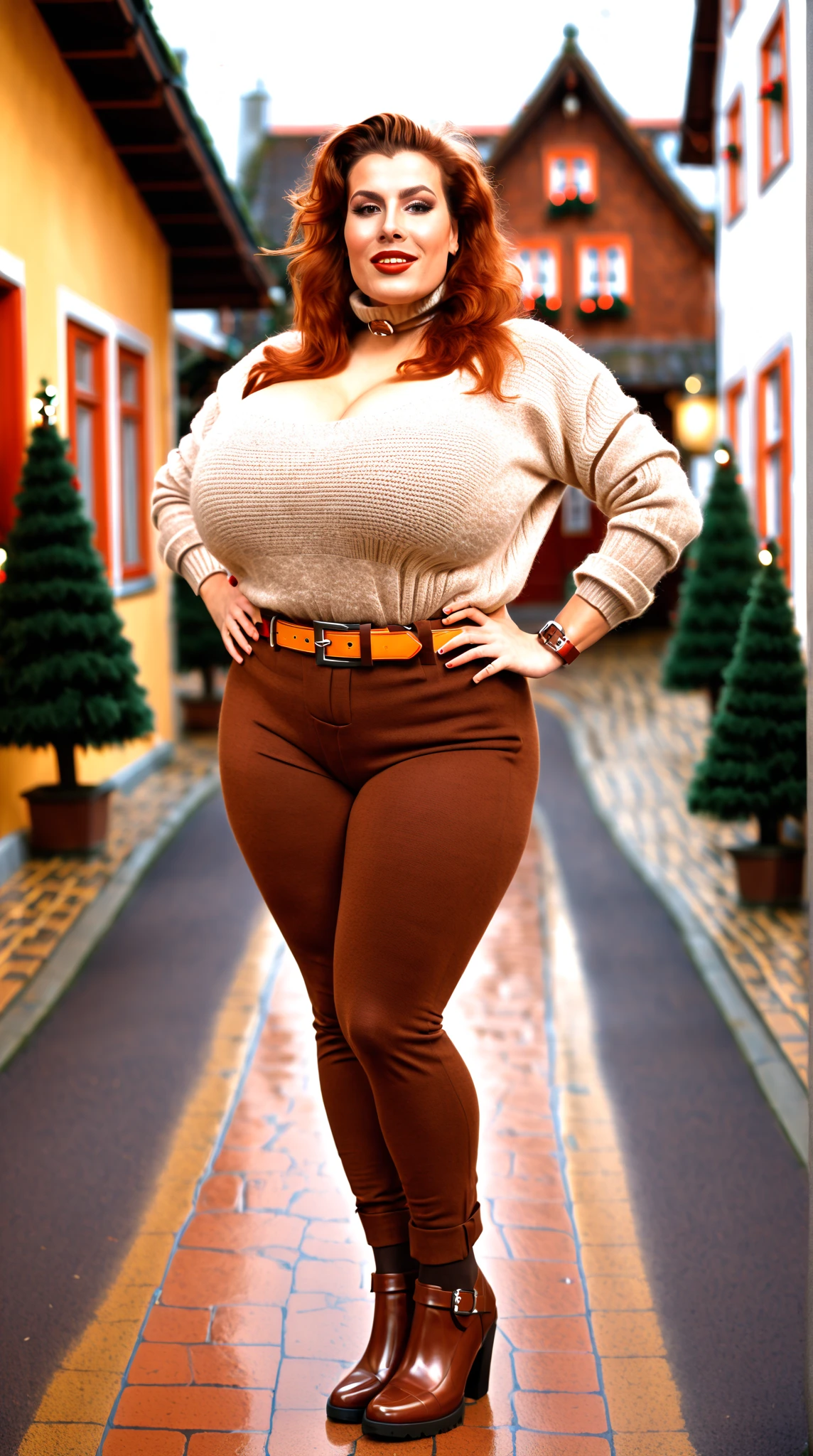 Woman, 27 years old, 1.96m tall. 125kg. Strong and curvy amazonian BBW. Very broad shoulders. Super long legs. Humungous breasts, slightly pointed bosoms. Wearing tight off the shoulder sweater, burnt ember sweater. Strong back, firm obliques. Rower's body. Lengthy cleavage, deep cleavage. Mohair trousers, brown trousers. Ankles showing. Rainbow belt, big belt buckle. Oxford shoes, brown shoes. Big, ruddy cheeks. Full face, high cheekbones. Chestnut hair with red highlights. Rugged, horny. Mixed Sardinian and Estonian. Dominant. Ready to flirt. Expressive, vibrant. Teasing, mischievous, rambunctious. Confident body language. Walking through a Christmas village. Turning heads. 35mm, full body portrait. Motion lines around her jiggling breasts, quaking thighs. Holding up her massive breasts. Giggling suggestively.