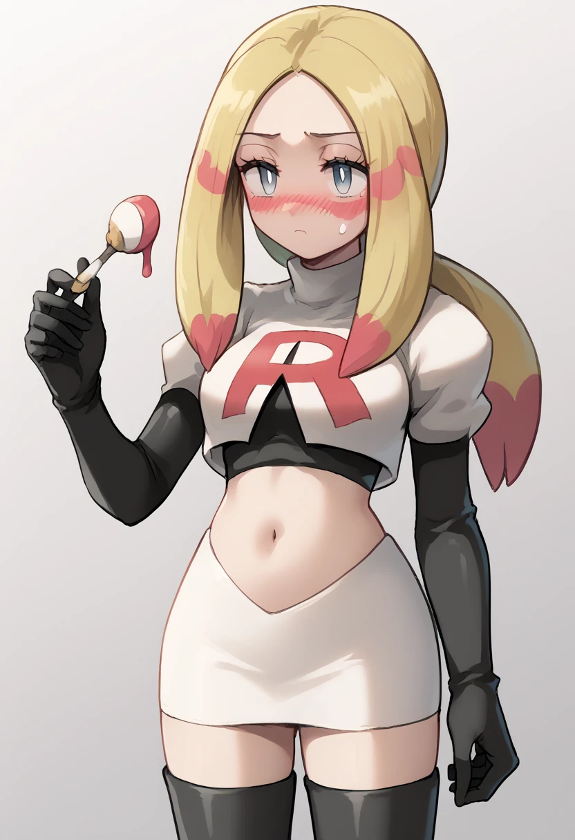 score_9,score_8_up,score_7_up,score_6_up,rating_explicit,source_anime BREAK
1girl, mina (pokemon), blonde hair, long hair, facepaint, multicolored_hair, grey eyes, eyelashes, parted bangs, medium breasts, white pupils, low ponytail, sidelocks
blush, oversized shirt, paint, bodypaint, team rocket,team rocket uniform,white skirt,red letter R,crop top,black thigh-highs,black elbow gloves
