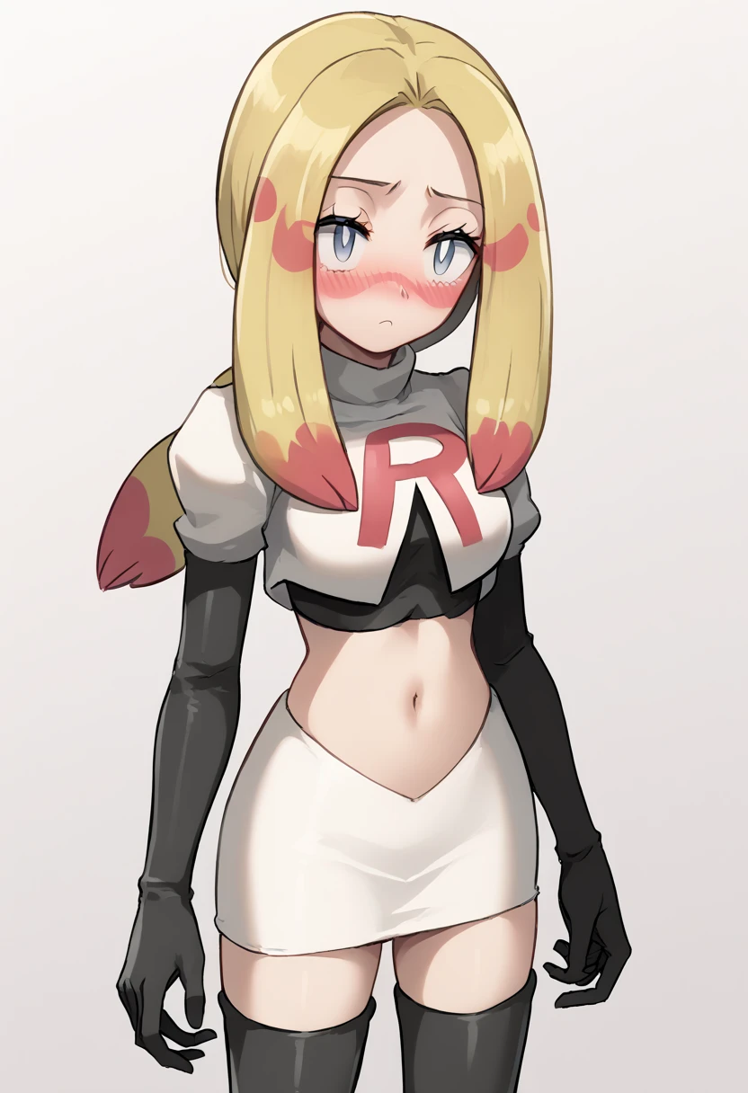 score_9,score_8_up,score_7_up,score_6_up,rating_explicit,source_anime BREAK
1girl, mina (pokemon), blonde hair, long hair, facepaint, multicolored_hair, grey eyes, eyelashes, parted bangs, medium breasts, white pupils, low ponytail, sidelocks
blush, oversized shirt, paint, bodypaint, team rocket,team rocket uniform,white skirt,red letter R,crop top,black thigh-highs,black elbow gloves
