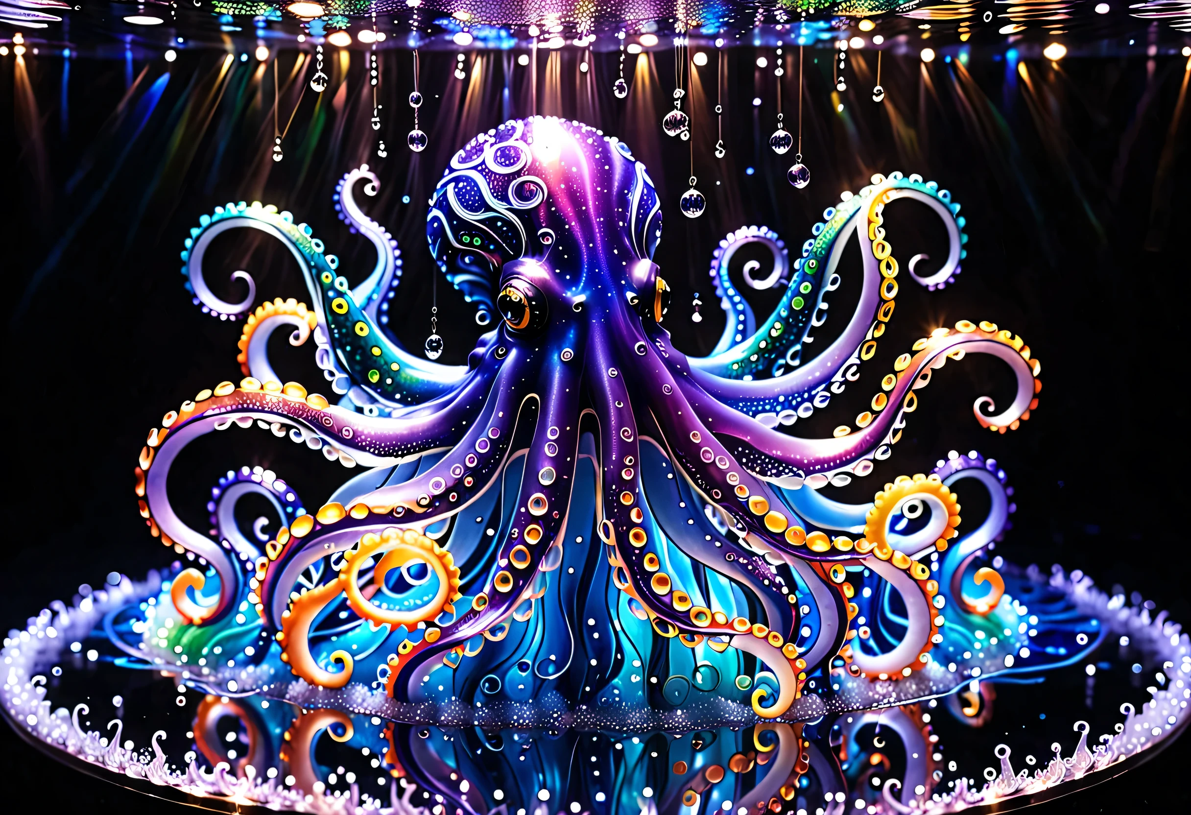 Octopus　octopus　The ocean's beautiful　element　 jelly-like ocean, Amazing depth,　Bubble　swim　In the sea　 glitter　reflection、 stained glass　Glass　water　waterの中　