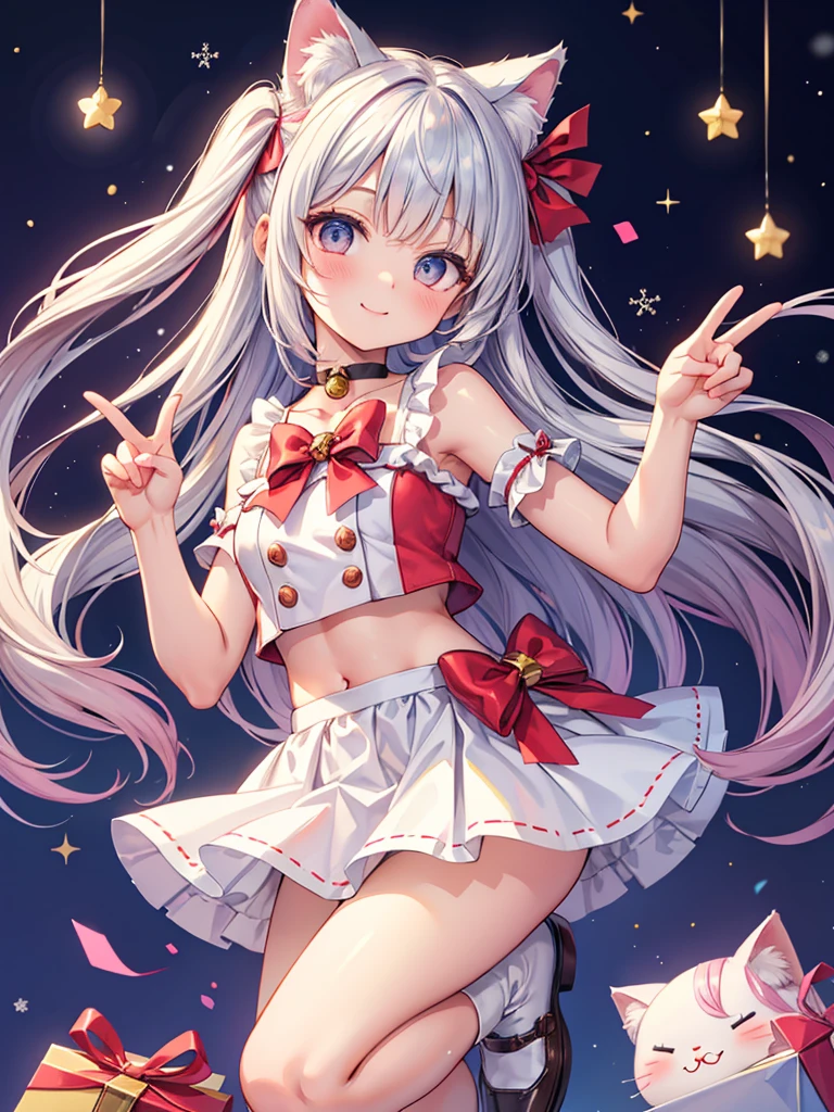 (Masterpiece), (Top Quality Anime Illustration), (Super Definition), One Girl, Solo, Beautiful Girl with Silver Hair, Anime Loli, Cat Ear Loli, Miniskirt Santa, See-through, Sleeveless, Smile, Cleavage Emphasis, Bare Skin Visible Lower, Navel Out, Thighs, Ass Protruding, Ass Focus