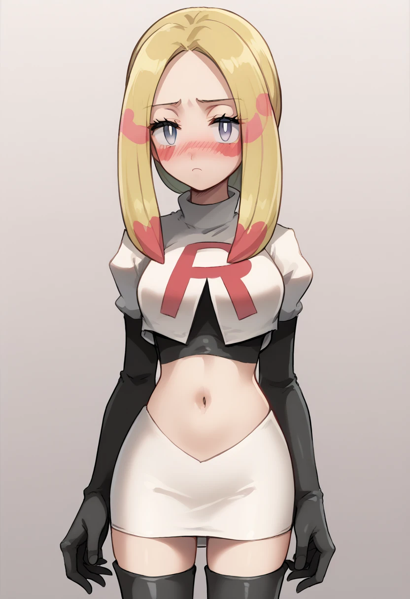 score_9,score_8_up,score_7_up,score_6_up,rating_explicit,source_anime BREAK
1girl, mina (pokemon), blonde hair, long hair, facepaint, multicolored_hair, grey eyes, eyelashes, parted bangs, medium breasts, white pupils, low ponytail, sidelocks
blush, oversized shirt, paint, bodypaint, team rocket,team rocket uniform,white skirt,red letter R,crop top,black thigh-highs,black elbow gloves
