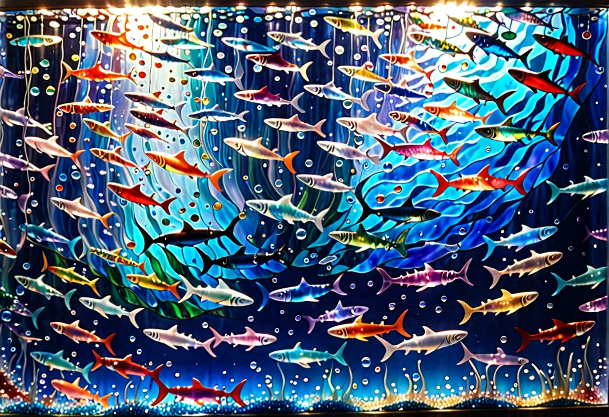 Shark　shark　The ocean's beautiful　element　 jelly-like ocean, Amazing depth,　Bubble　swim　In the sea　 glitter　reflection、 stained glass　Glass　water　waterの中　