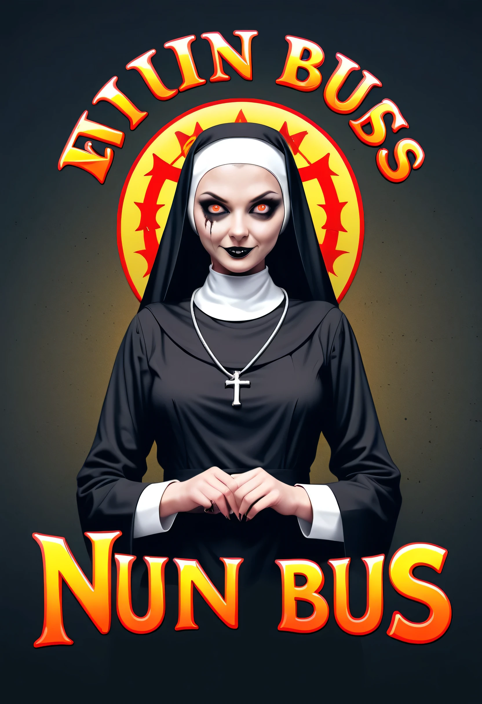 create a logo that says "Nun Bus" in evil looking text