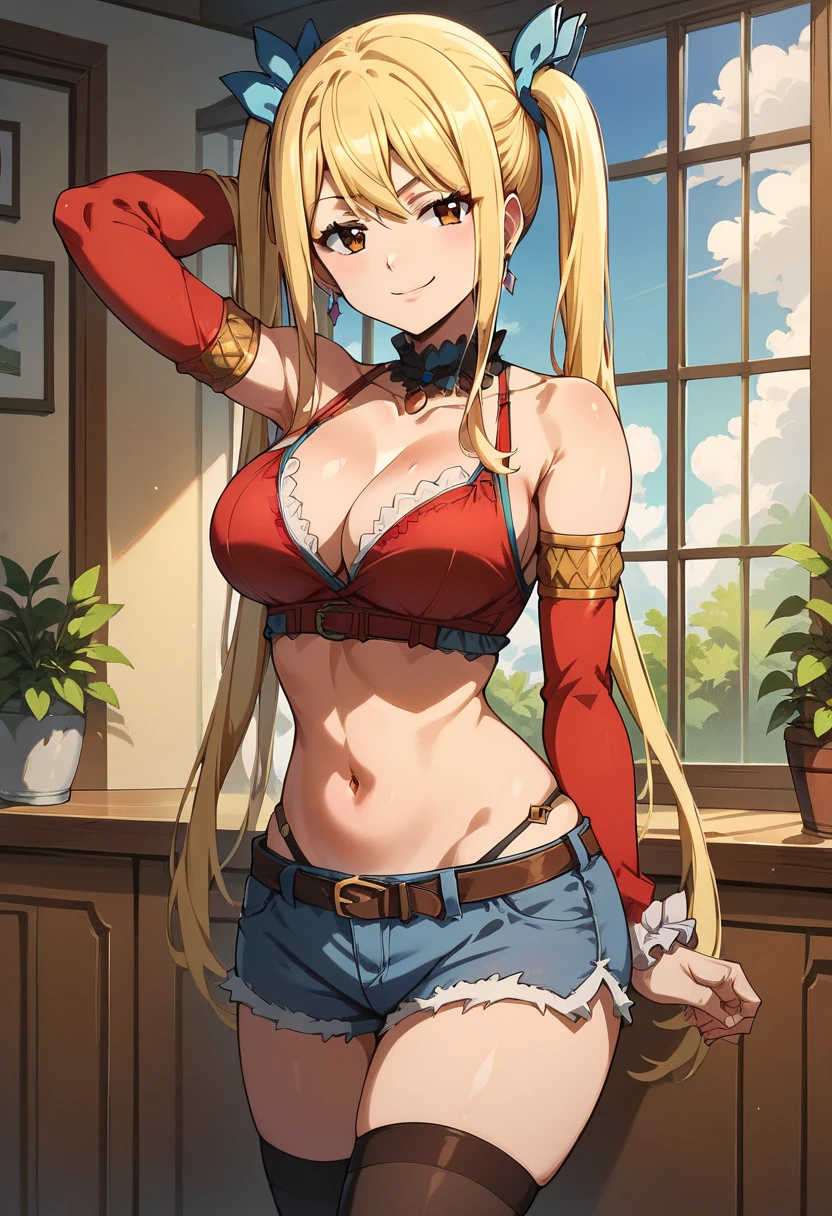 masterpiece, best quality, high resolution, lucy heartfilia, blonde hair, twintails, medium breasts, black thigh highs, detached sleeves, midriff,  cowboy shot, indoors, standing, smug smile, looking at viewer, left arm at side, right arm behind head