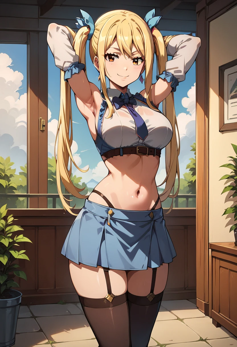 masterpiece, best quality, high resolution, lucy heartfilia, blonde hair, twintails, medium breasts, black thigh highs, detached sleeves, midriff,  cowboy shot, indoors, standing, smug smile, looking at viewer, left arm at side, right arm behind head