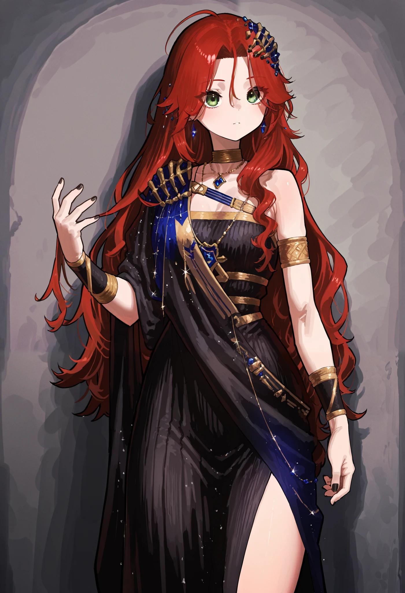 Ekrea Jan style, 1girl, sophia\(manus vindictae\)\(reverse:1999\), long hair, red hair, black dress, armlet, black nails, blue gemstone, gold choker, jewellery, green eyes, standing, grey background, masterpiece, best quality, amazing quality, very aesthetic, high resolution