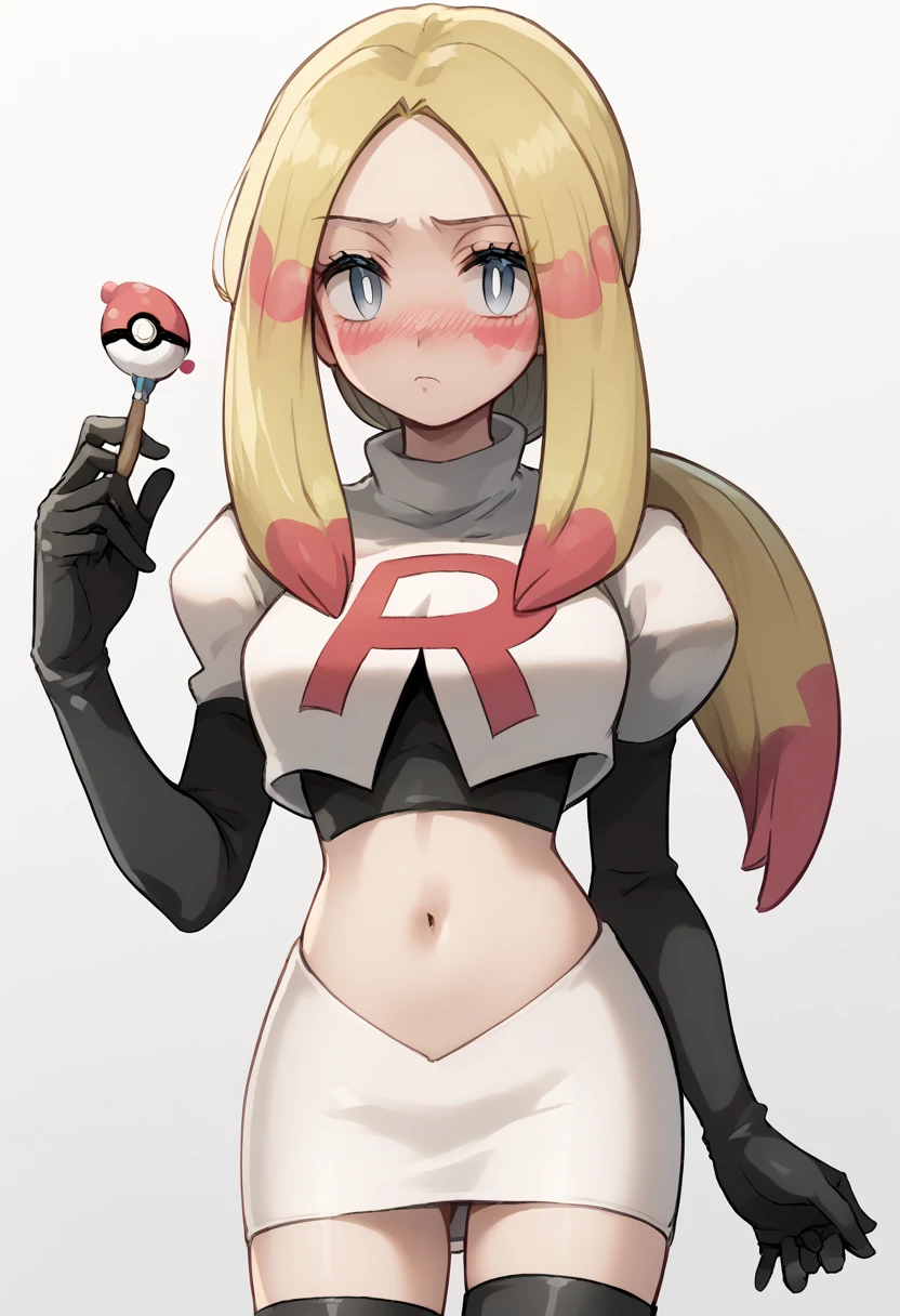 score_9,score_8_up,score_7_up,score_6_up,rating_explicit,source_anime BREAK
1girl, mina (pokemon), blonde hair, long hair, facepaint, multicolored_hair, grey eyes, eyelashes, parted bangs, medium breasts, white pupils, low ponytail, sidelocks
blush, oversized shirt, paint, bodypaint, team rocket,team rocket uniform,white skirt,red letter R,crop top,black thigh-highs,black elbow gloves
