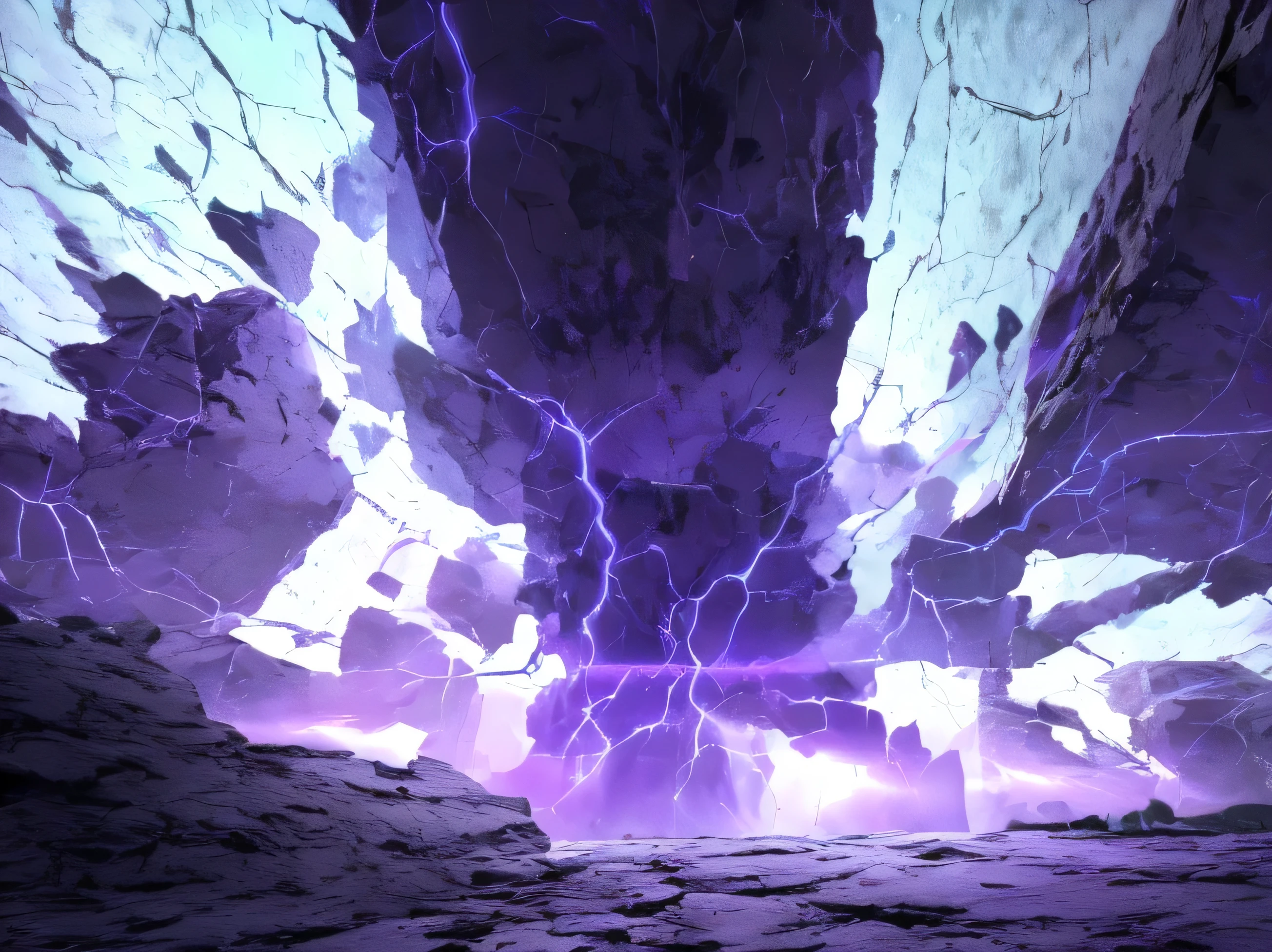 cracks in the ground that is filled with Purple and blue energy and Three moons. a massive monster that is a size of a Titan.