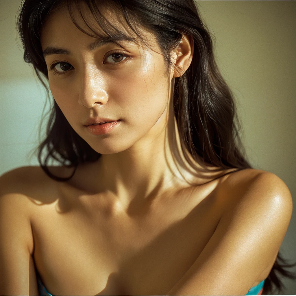 A hyper-realistic image of a single Japanese woman in her early 20s, captured with the nostalgic warmth and subtle graininess of a film camera. Her skin has a warm beige tone with a natural, slightly rough texture that includes visible pores, fine lines, and subtle imperfections such as small blemishes, adding to the authenticity of her appearance. The soft, diffused natural light enhances the film-like quality, casting gentle shadows that create a timeless, organic feel. Her straight, glossy black hair frames her face in a natural, slightly tousled manner, and her deep brown eyes reflect the ambient light, adding depth and emotion. The film camera effect introduces a slight grain and a softer focus, giving the image a warm, nostalgic atmosphere while maintaining the realistic texture of her skin. She is dressed simply, in a way that complements her natural beauty, with the overall composition designed to evoke a sense of genuine, understated elegance. The use of natural light, combined with the deliberately rougher texture of her skin and the film-like qualities, ensures that this image captures the imperfections that make her beauty truly lifelike, focusing solely on this one individual.She has large, ample breasts and wears only attractive, Sexy bras, which accentuates her cleavage.almost see the nipples.Be sure to keep your eyes on us.Colorful bright Bras.